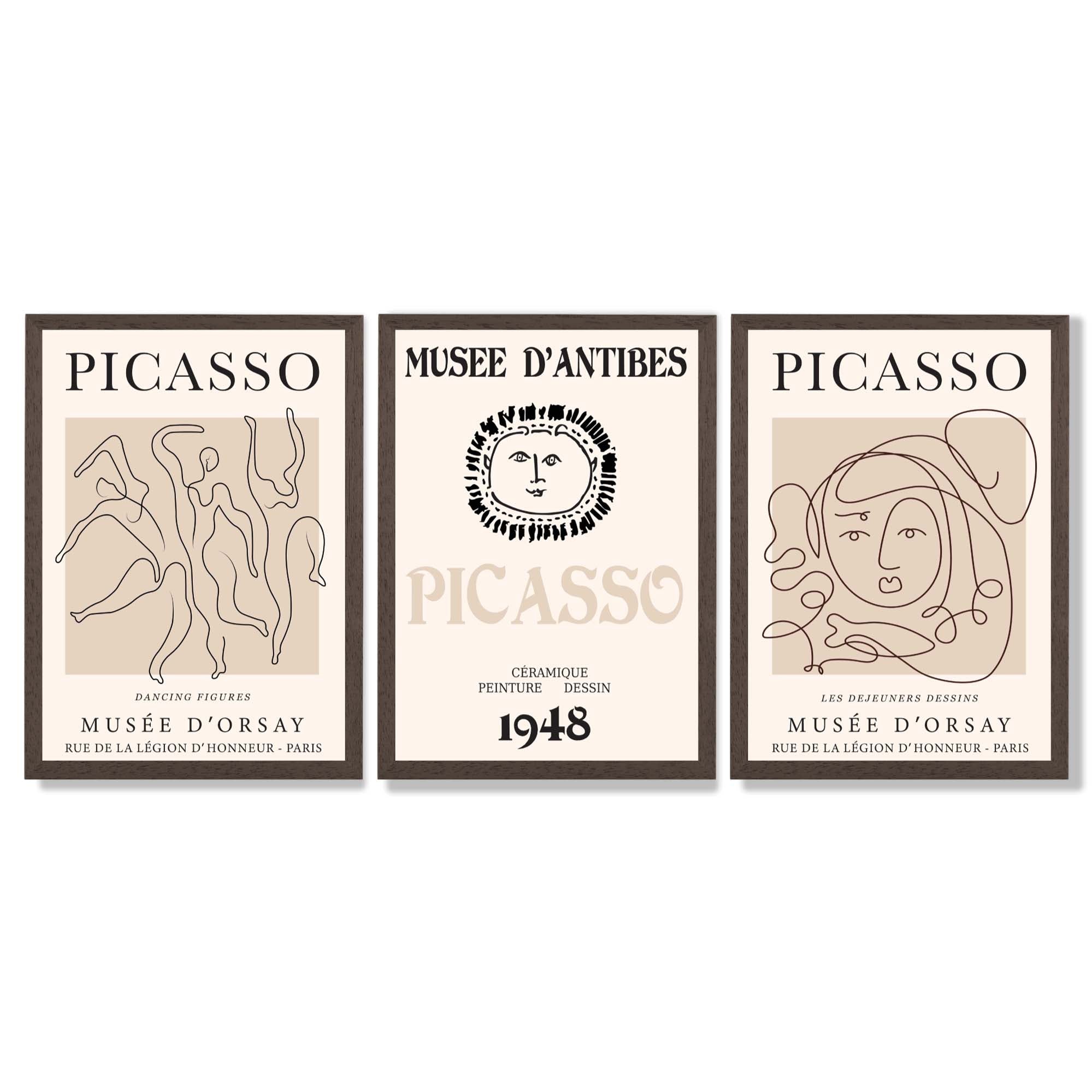 Picasso Line Art Set of 3 Black and Cream Dancers Framed Wall Art with Dark Wood Frames