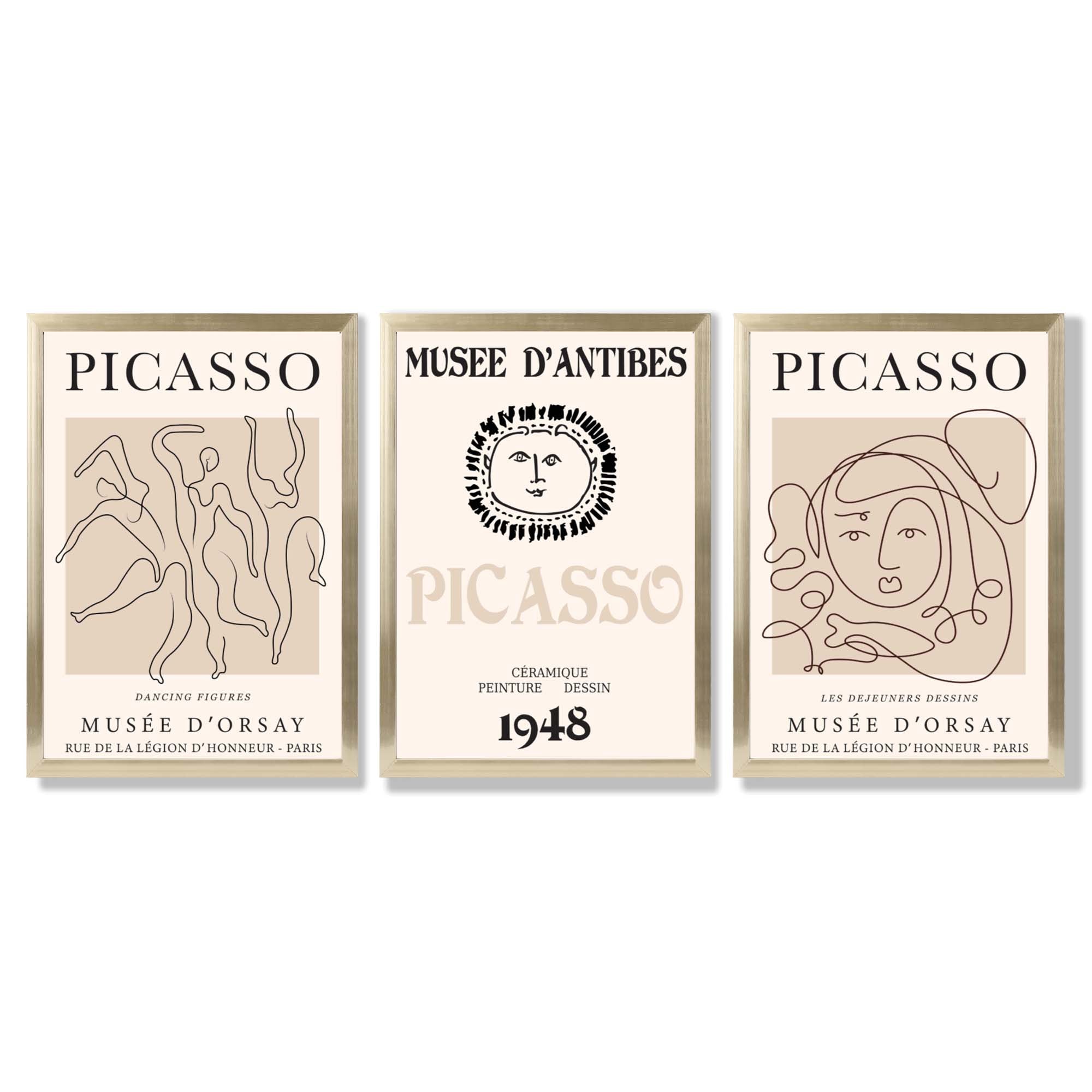 Picasso Line Art Set of 3 Black and Cream Dancers Framed Wall Art with Gold Wood Frames