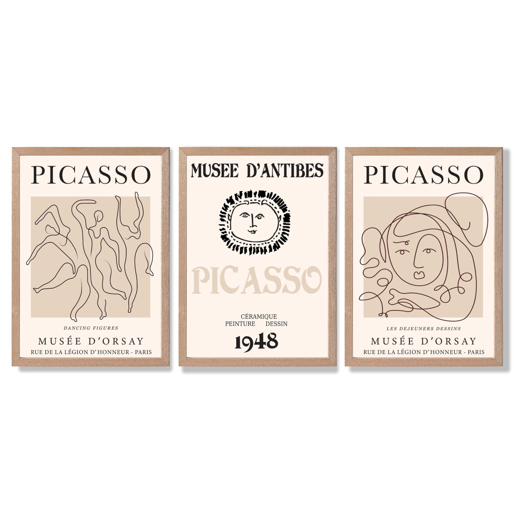 Picasso Line Art Set of 3 Black and Cream Dancers Framed Wall Art with Light Oak Frames