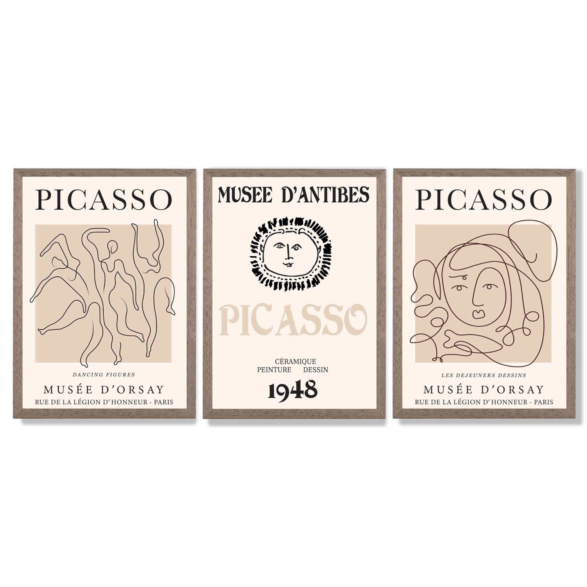 Picasso Line Art Set of 3 Black and Cream Dancers Framed Wall Art with Light Walnut Frames