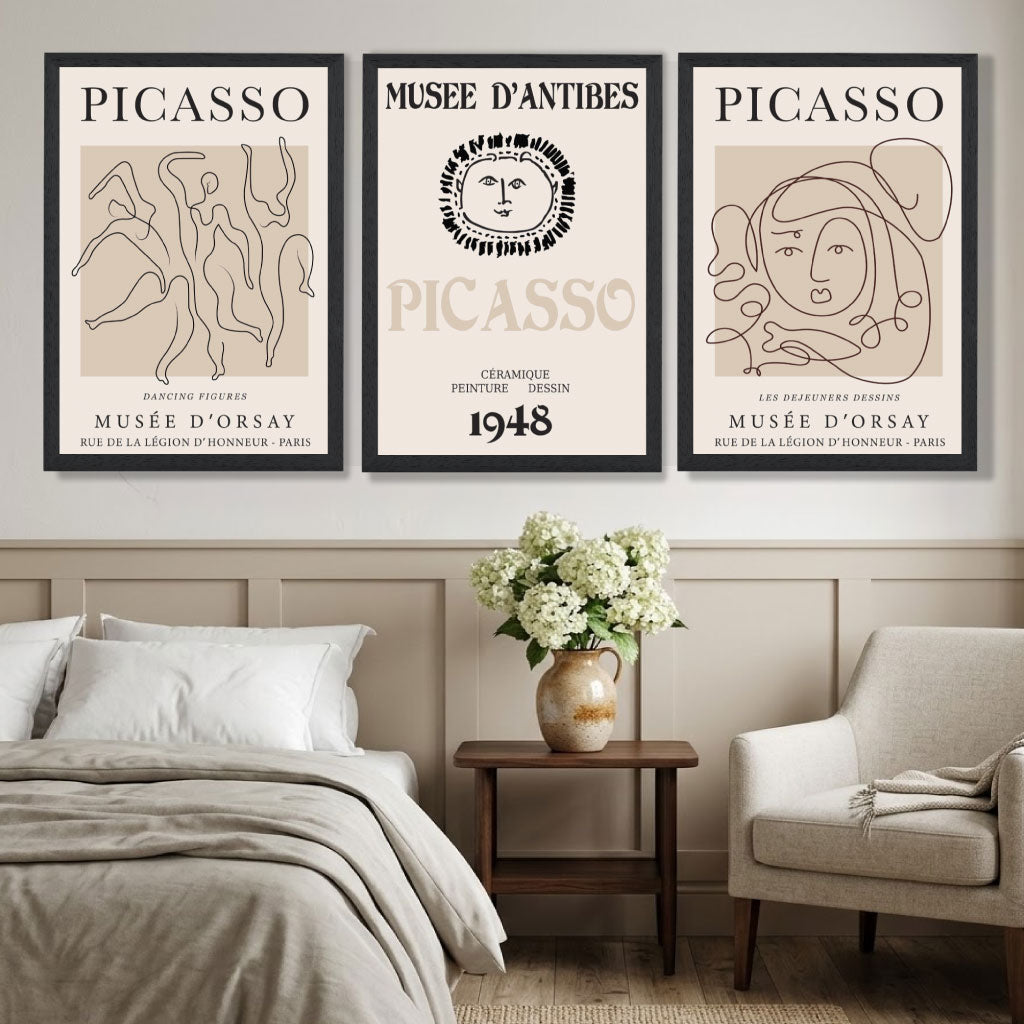 Picasso Line Art Set of 3 Black and Cream Dancers Art Prints in White Frames | Artze UK