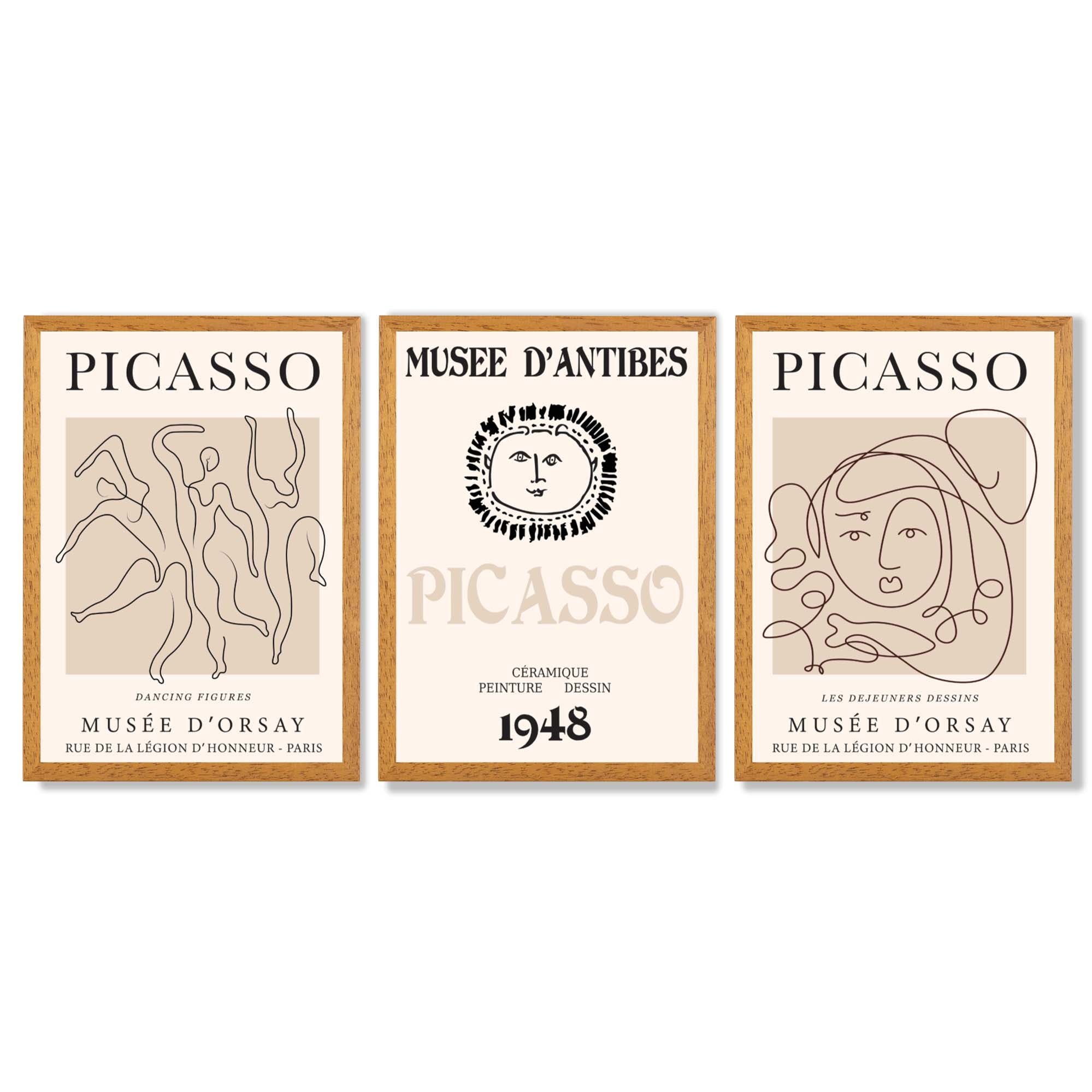 Picasso Line Art Set of 3 Black and Cream Dancers Framed Wall Art with Oak Wooden Frames