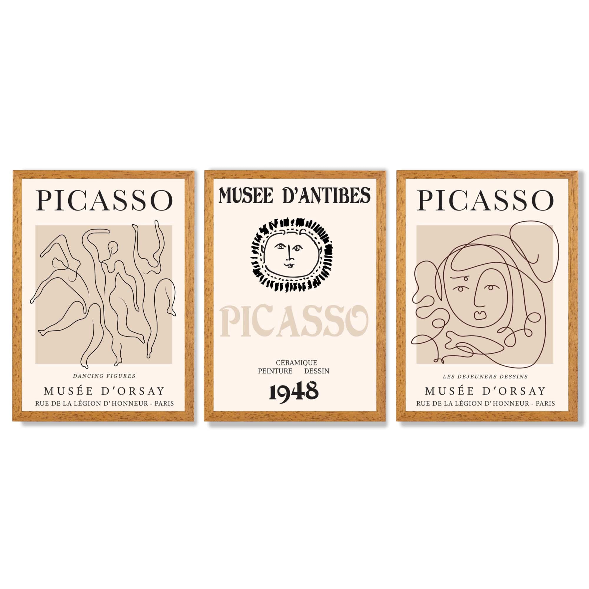 Picasso Line Art Set of 3 Black and Cream Dancers Framed Wall Art with Oak Wooden Frames