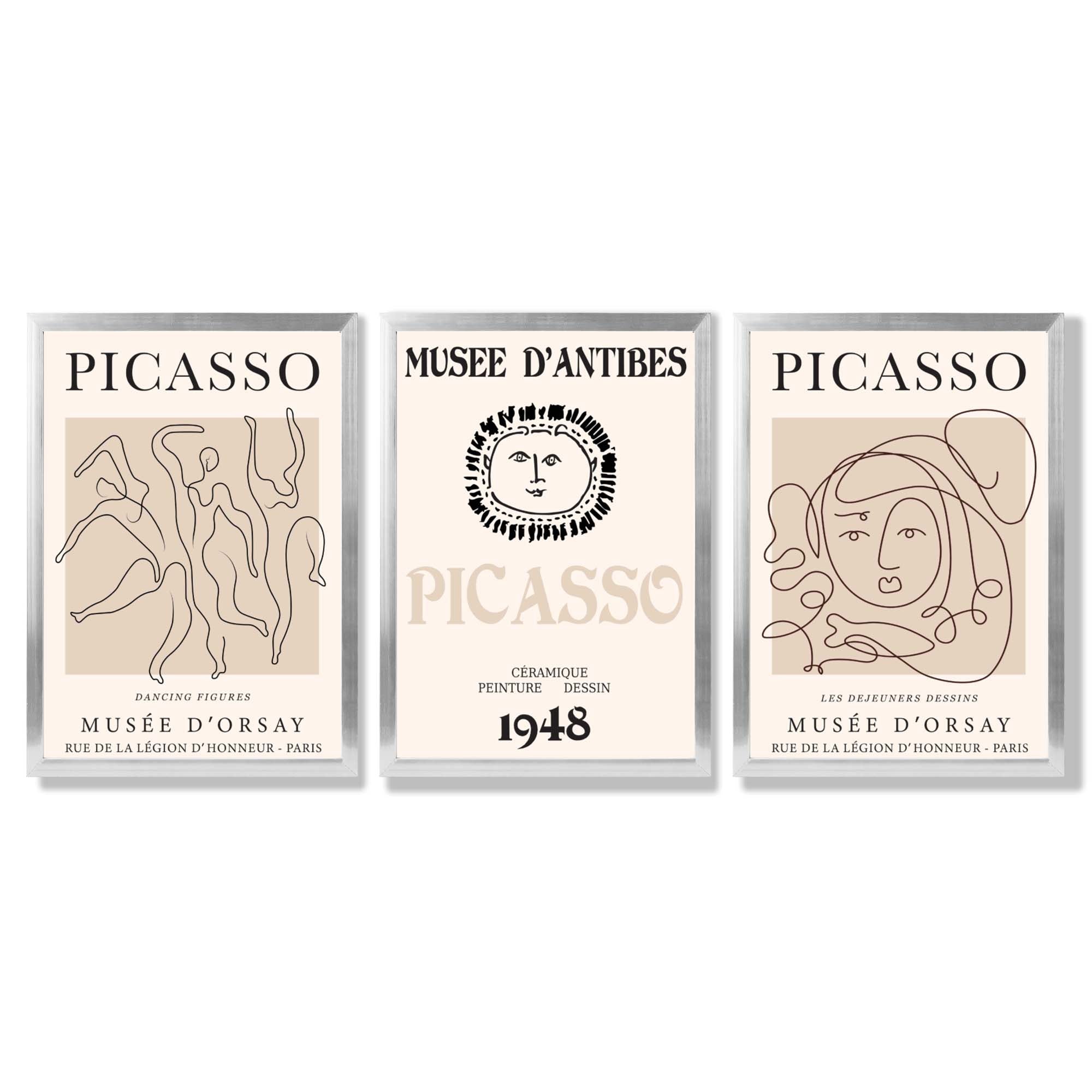 Picasso Line Art Set of 3 Black and Cream Dancers Framed Wall Art with Silver Wood Frames