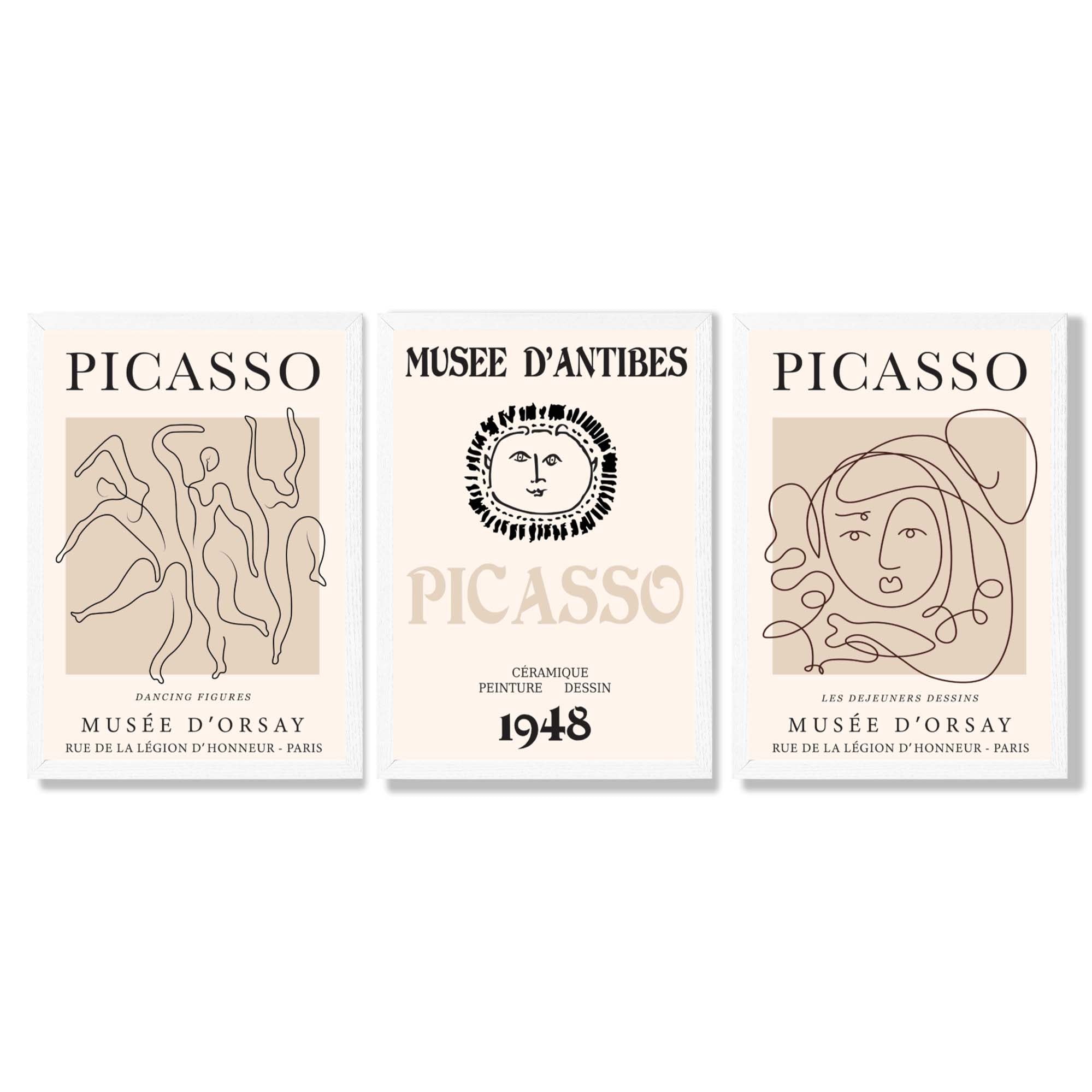 Picasso Line Art Set of 3 Black and Cream Dancers Framed Wall Art with White Wooden Frames