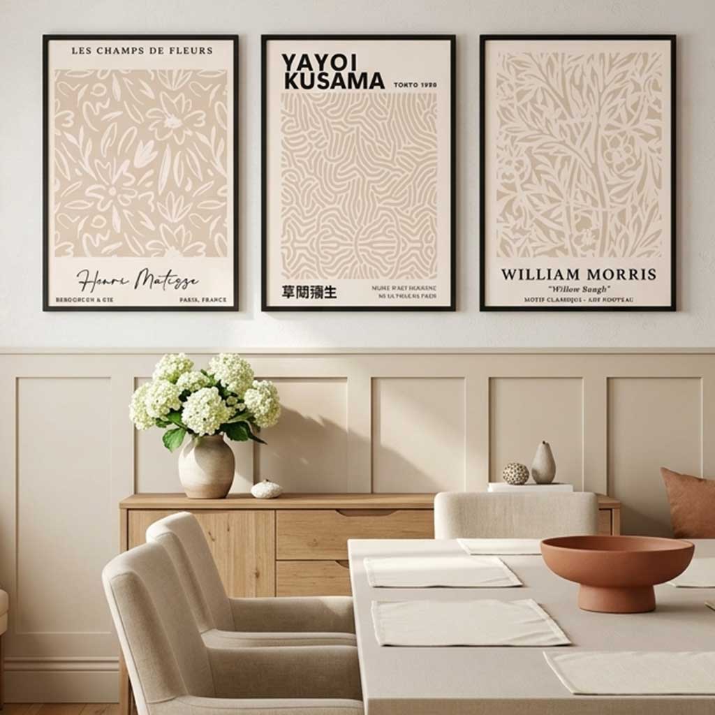 Set of 3 Matisse Morris Kusama Beige Floral Framed Wall Art with Black Wooden Frames
