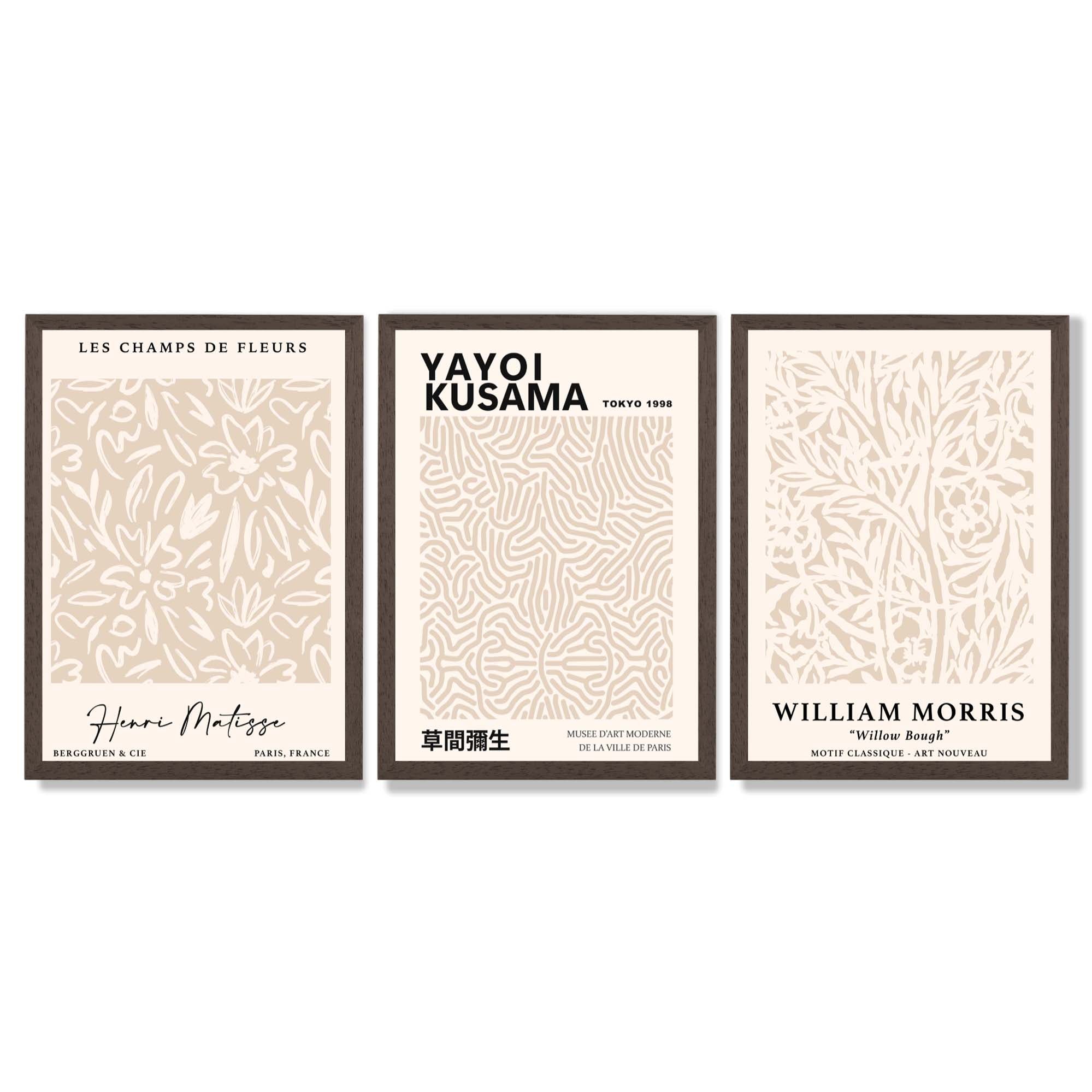 Set of 3 Matisse Morris Kusama Beige Floral Framed Wall Art with Dark Wood Frames