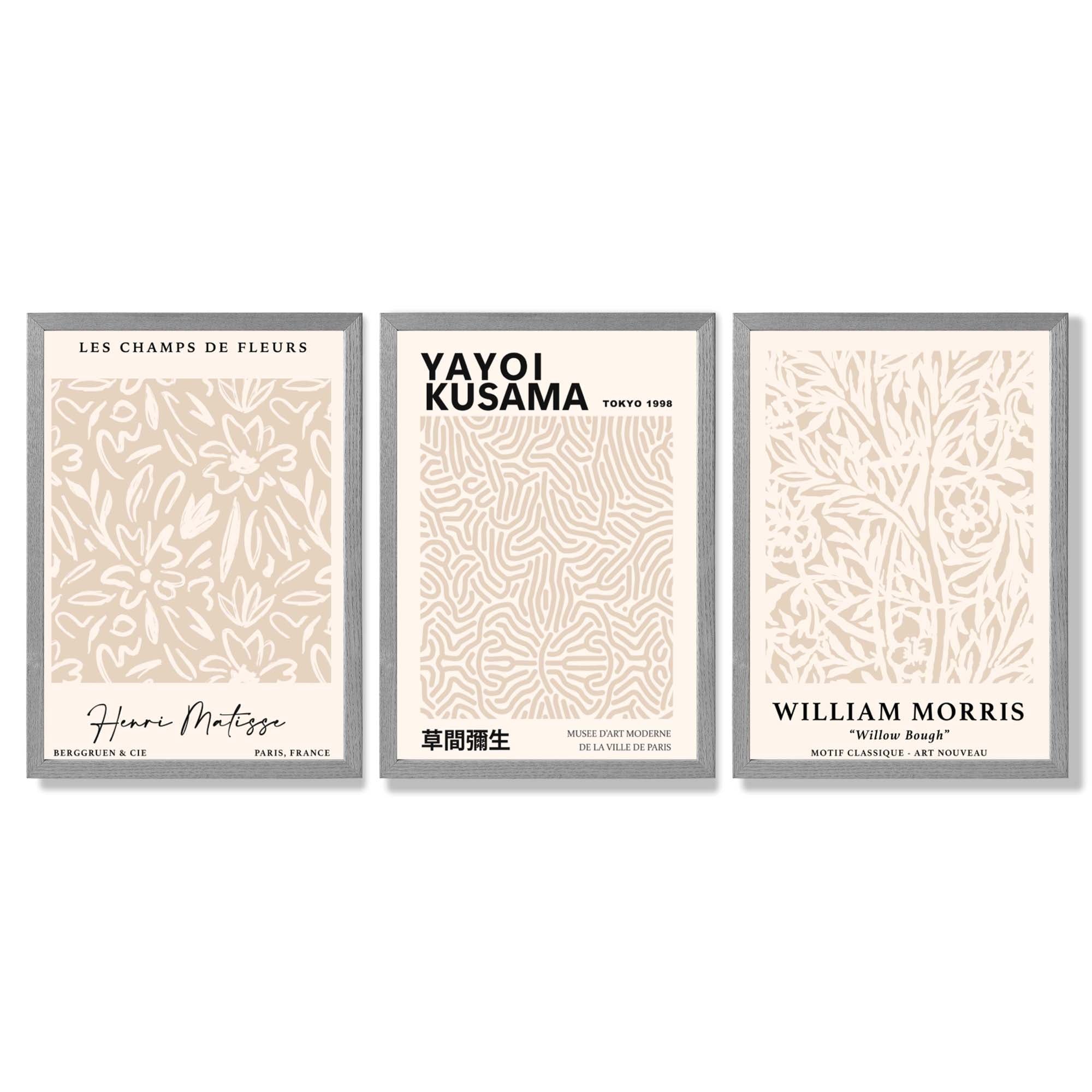 Set of 3 Matisse Morris Kusama Beige Floral Framed Wall Art with Light Grey Wooden Frames