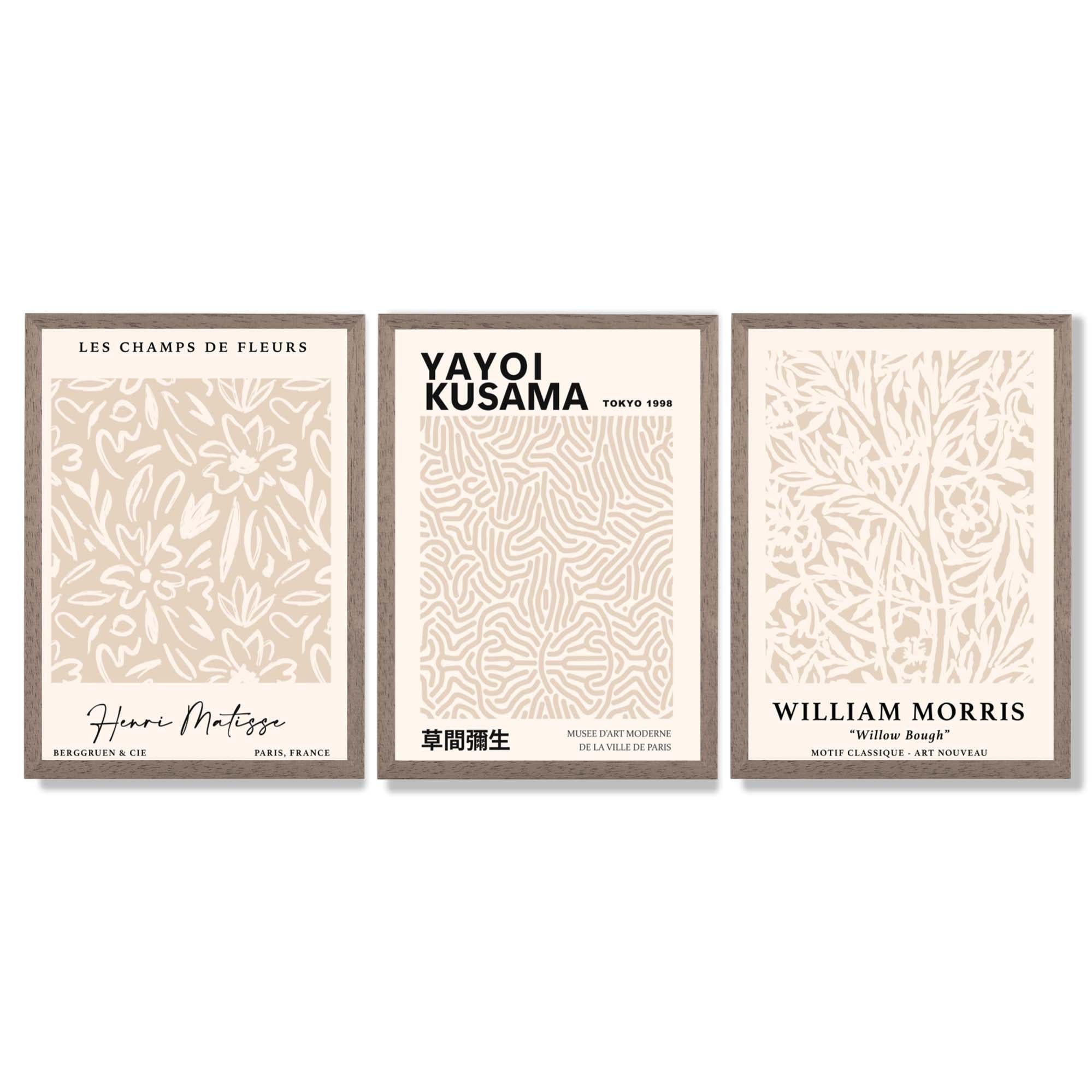 Set of 3 Matisse Morris Kusama Beige Floral Framed Wall Art with Light Walnut Frames