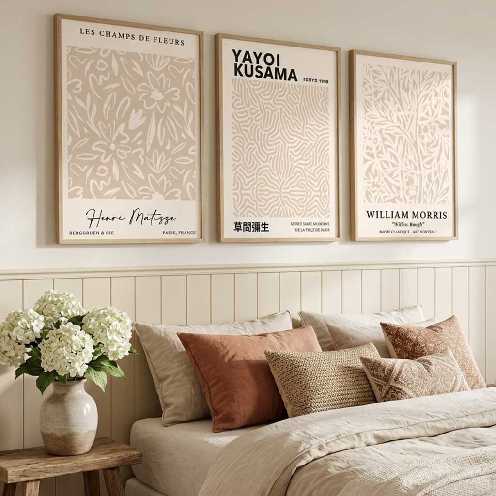 Set of 3 Matisse Morris Kusama Beige Floral Art Prints in White Frames | Artze UK
