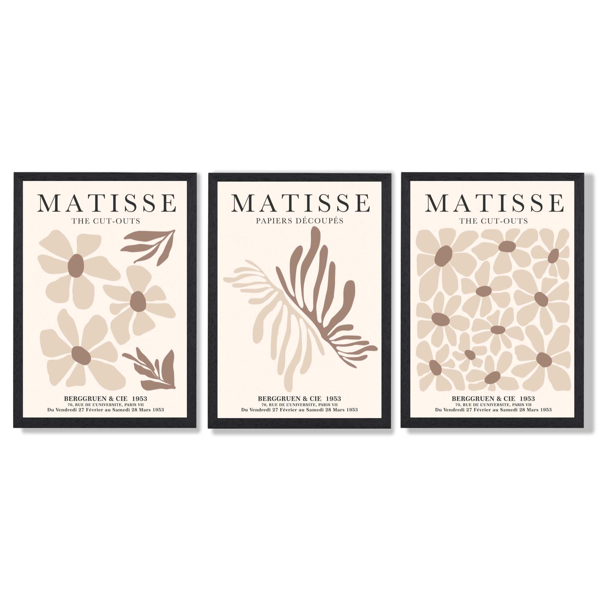 Set of 3 Beige and Brown Floral Minimal Framed Wall Art with Black Wooden Frames