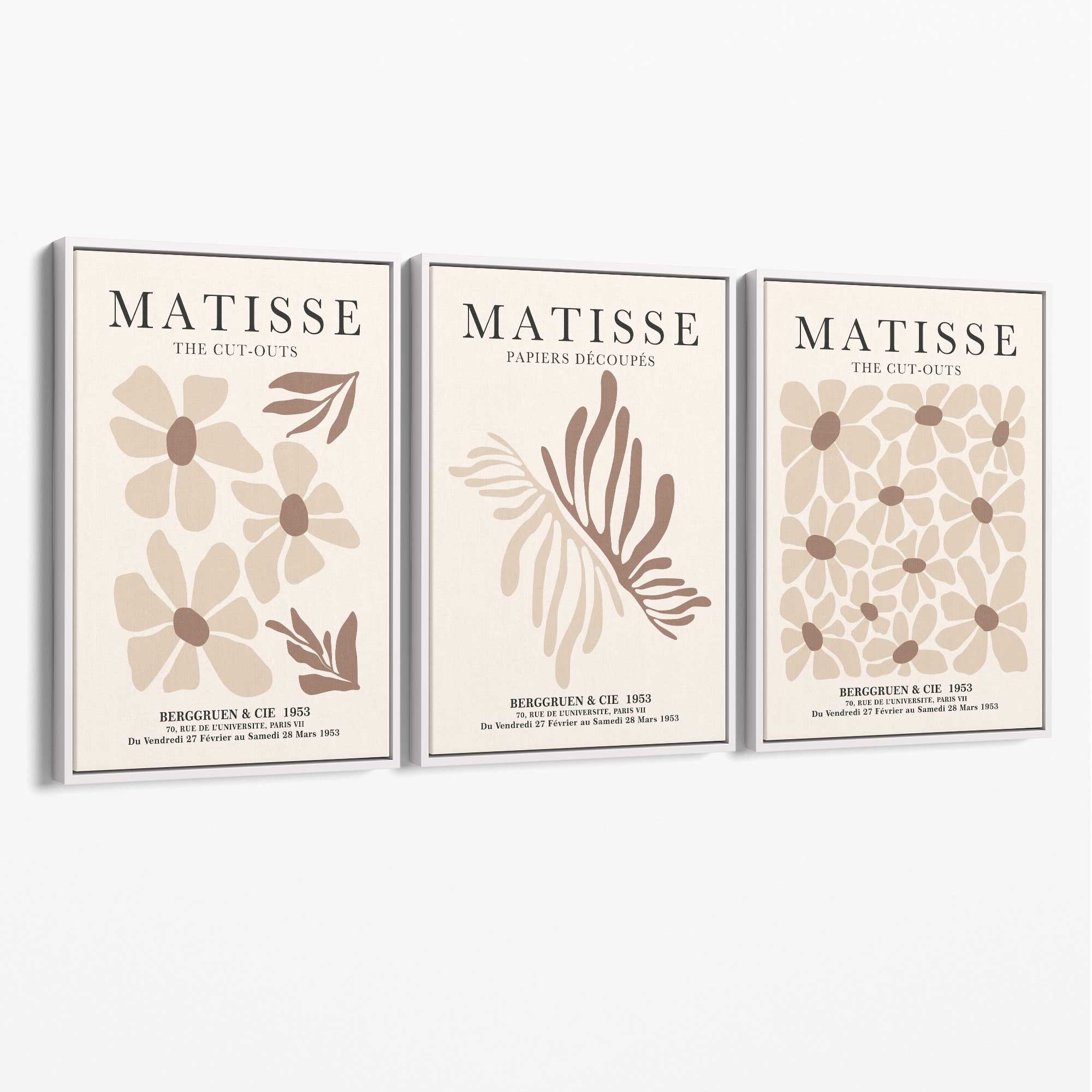 Set of 3 Beige and Brown Floral Minimal Canvas Prints with White Float Frame