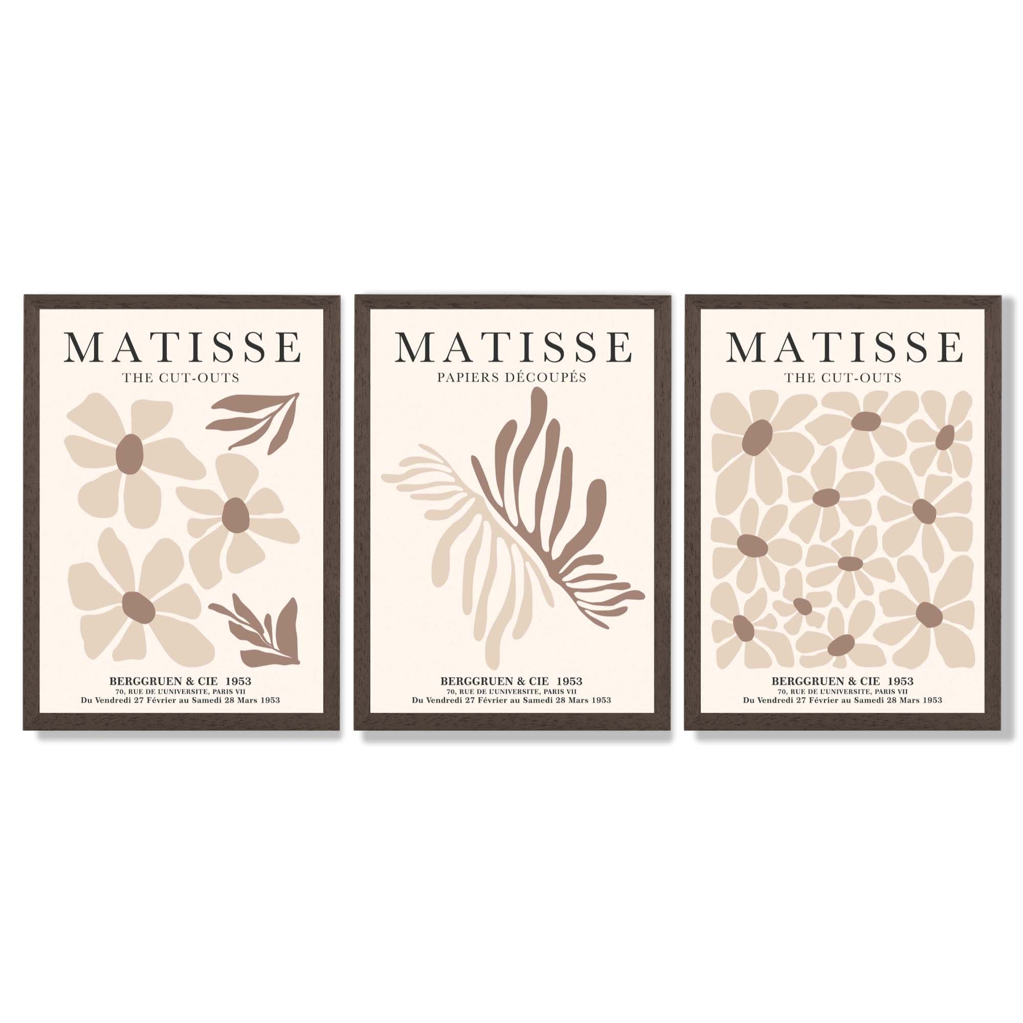 Set of 3 Beige and Brown Floral Minimal Framed Wall Art with Dark Wood Frames