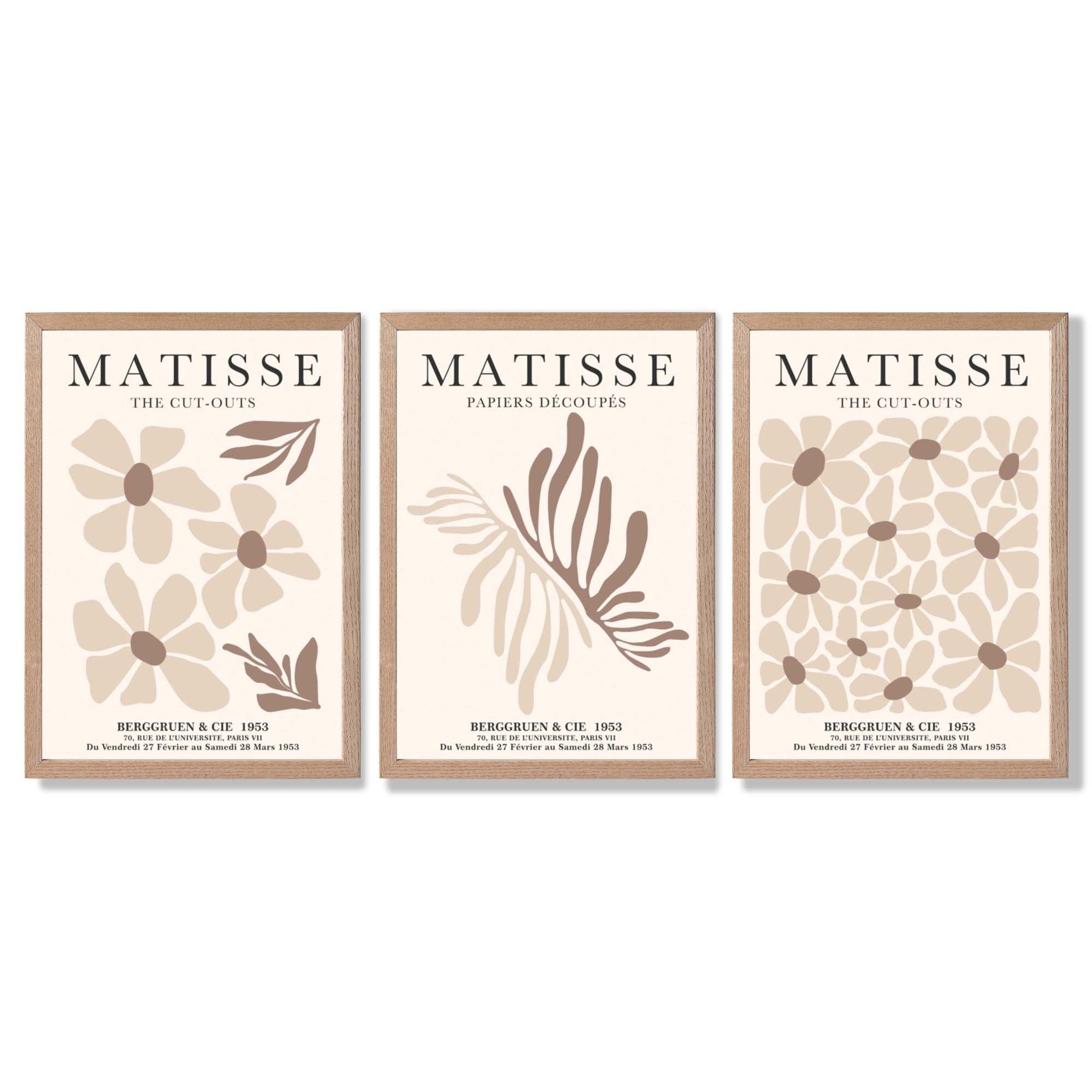 Set of 3 Beige and Brown Floral Minimal Framed Wall Art with Light Oak Frames