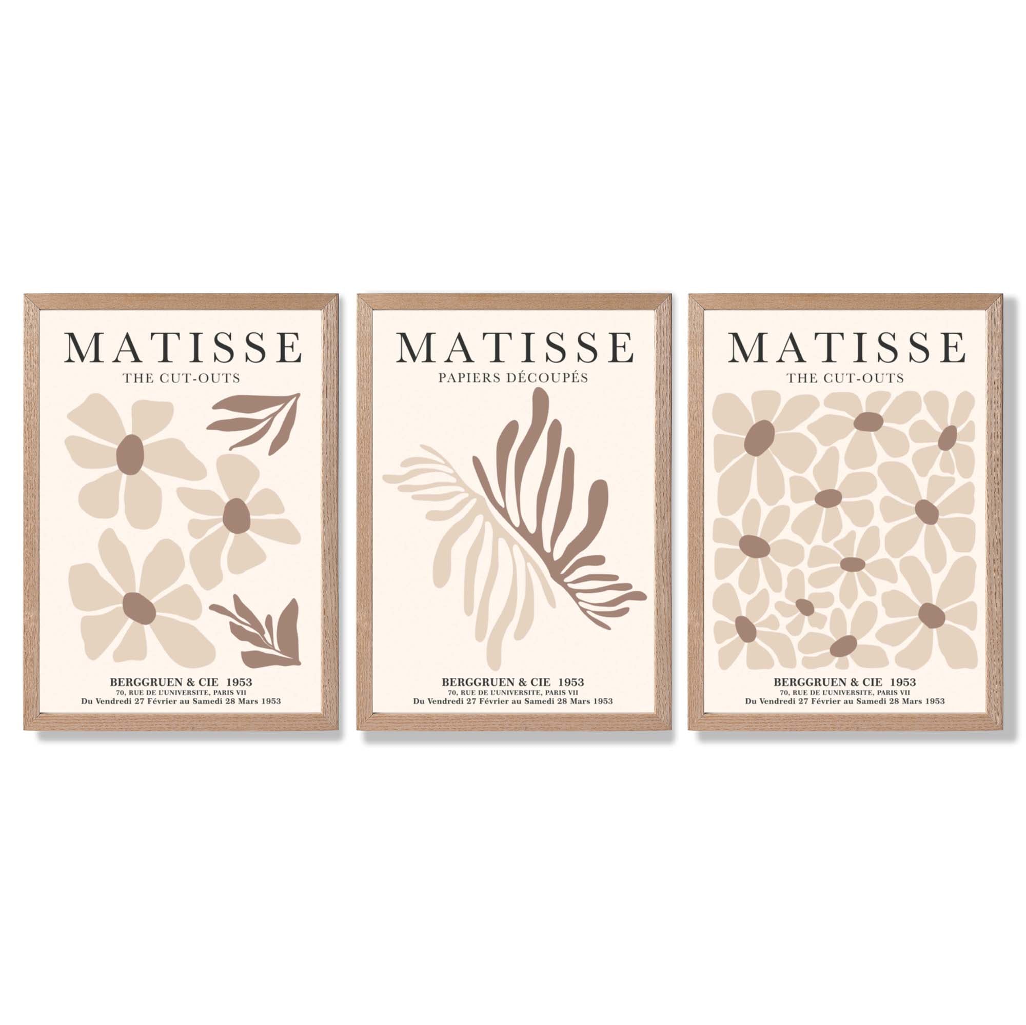 Set of 3 Beige and Brown Floral Minimal Framed Wall Art with Light Oak Frames