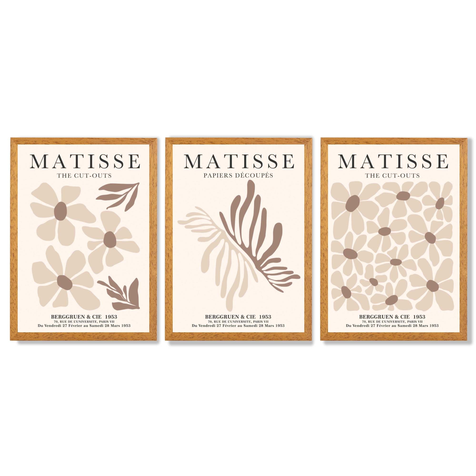 Set of 3 Beige and Brown Floral Minimal Framed Wall Art with Oak Wooden Frames