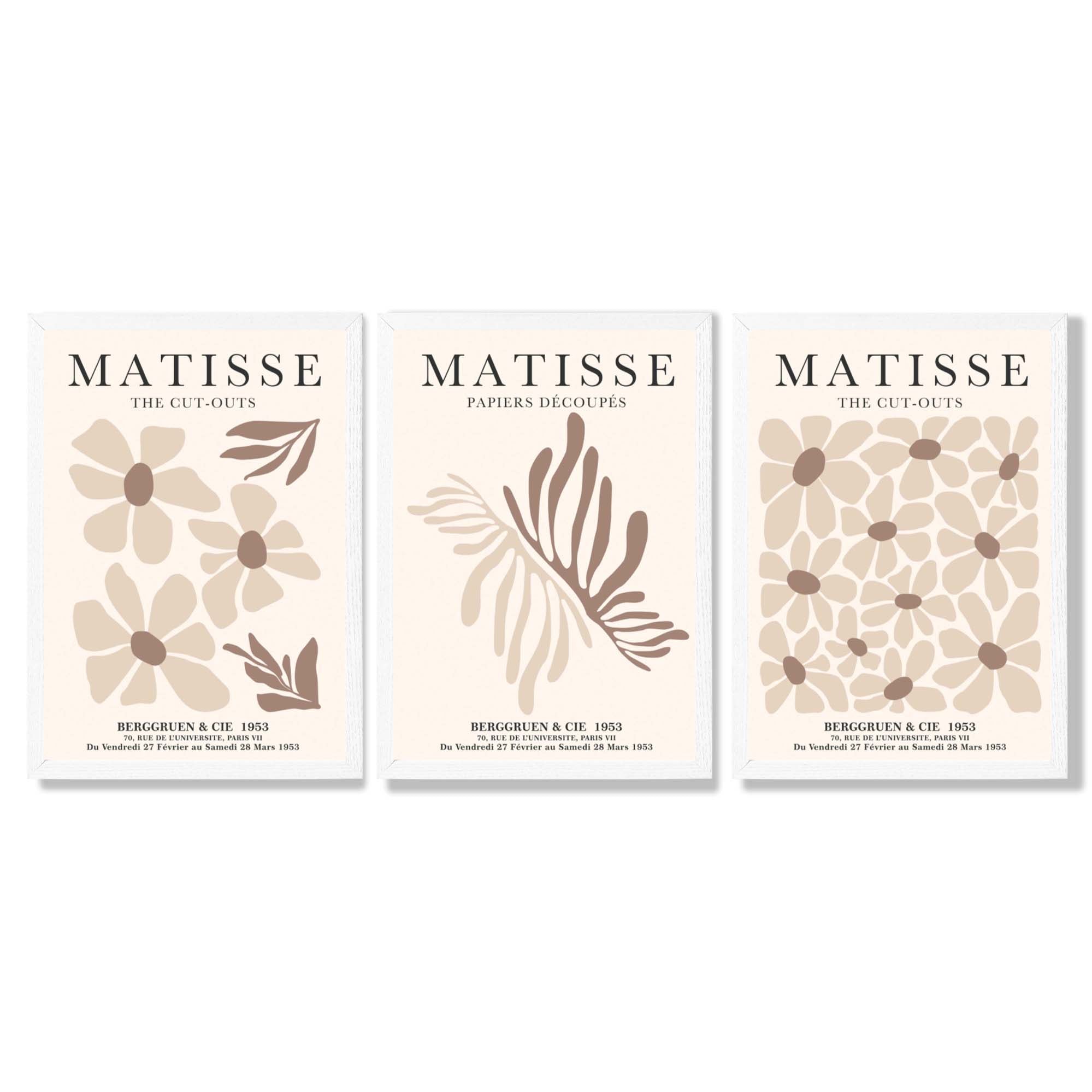 Set of 3 Beige and Brown Floral Minimal Framed Wall Art with White Wooden Frames