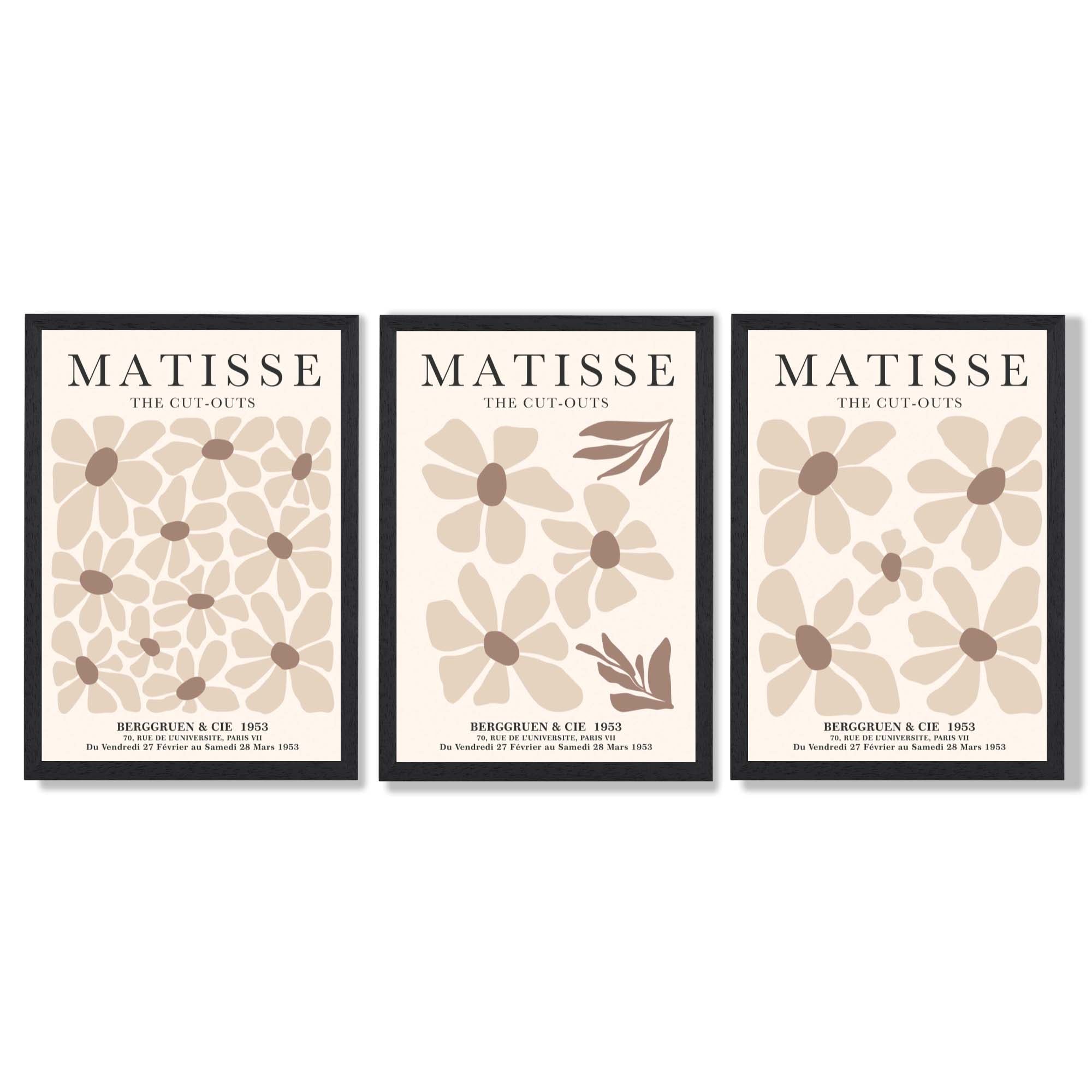 Set of 3 Floral Warm Minimalist Framed Wall Art with Black Wooden Frames