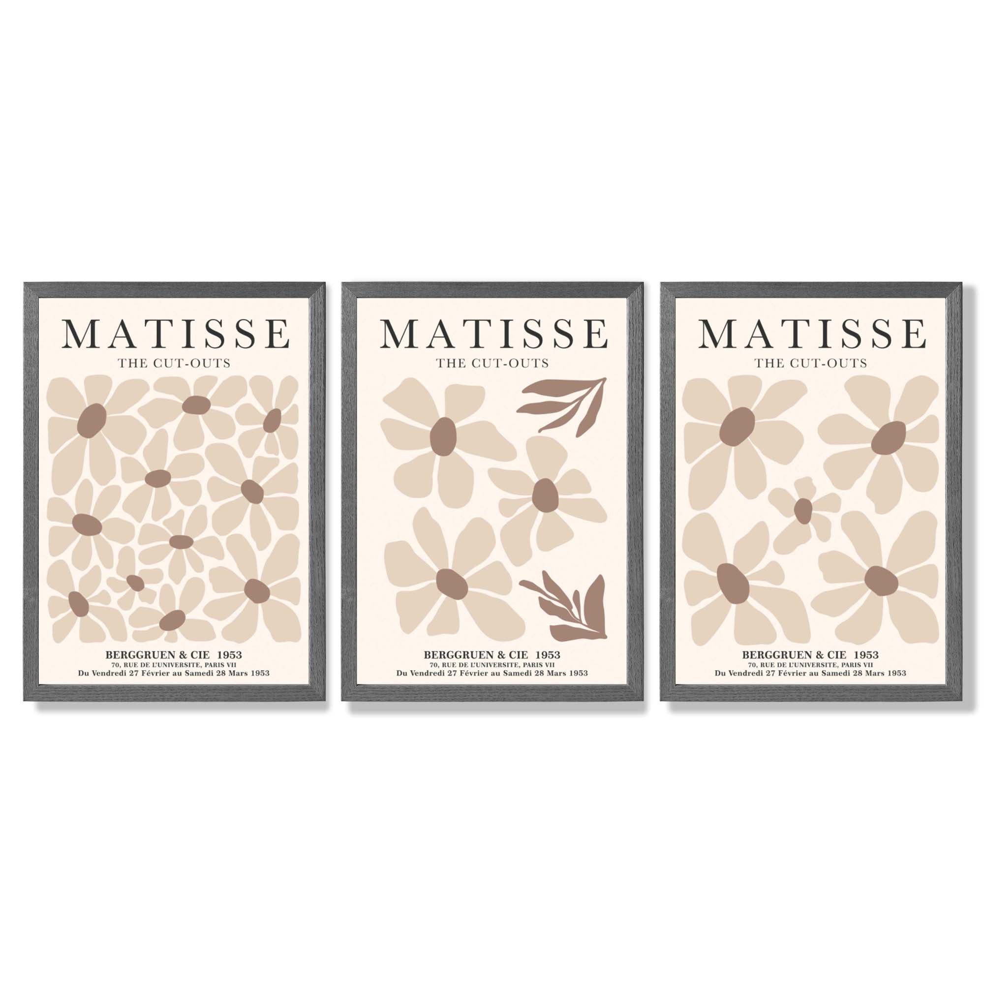Set of 3 Floral Warm Minimalist Framed Wall Art with Dark Grey Wooden Frames