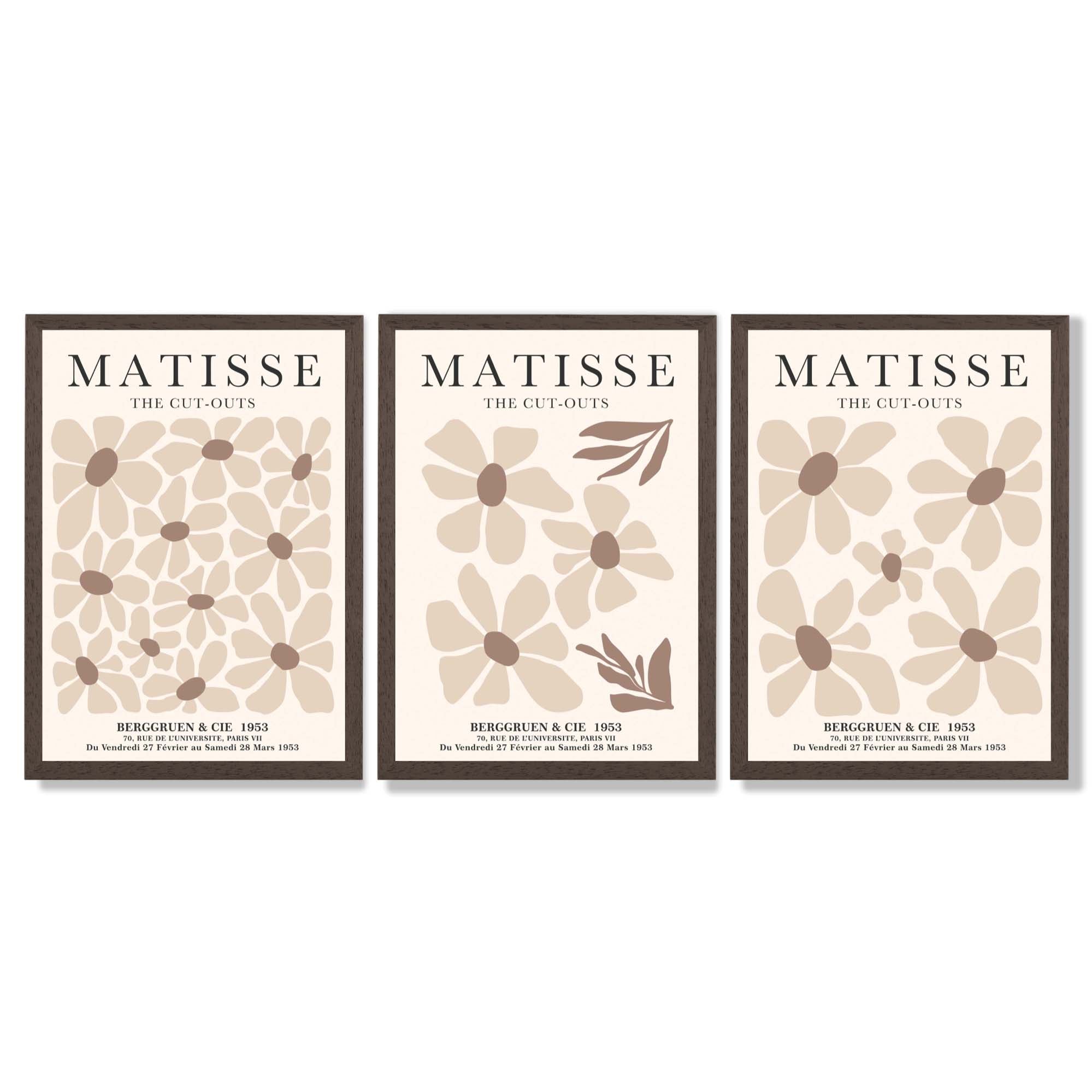 Set of 3 Floral Warm Minimalist Framed Wall Art with Dark Wood Frames