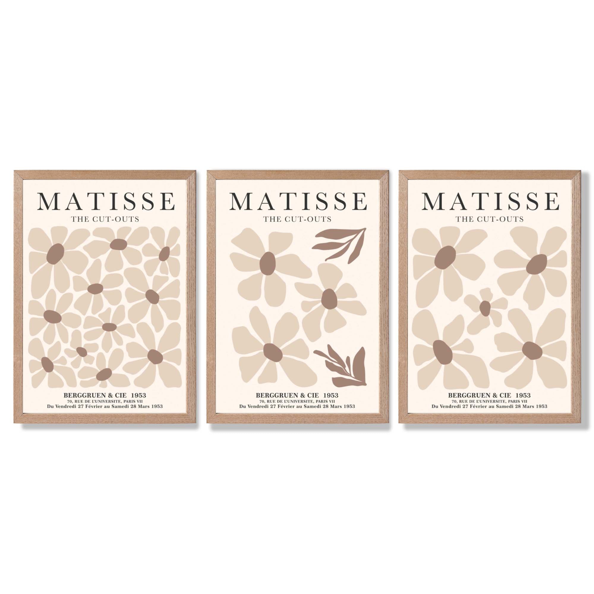 Set of 3 Floral Warm Minimalist Framed Wall Art with Light Oak Frames