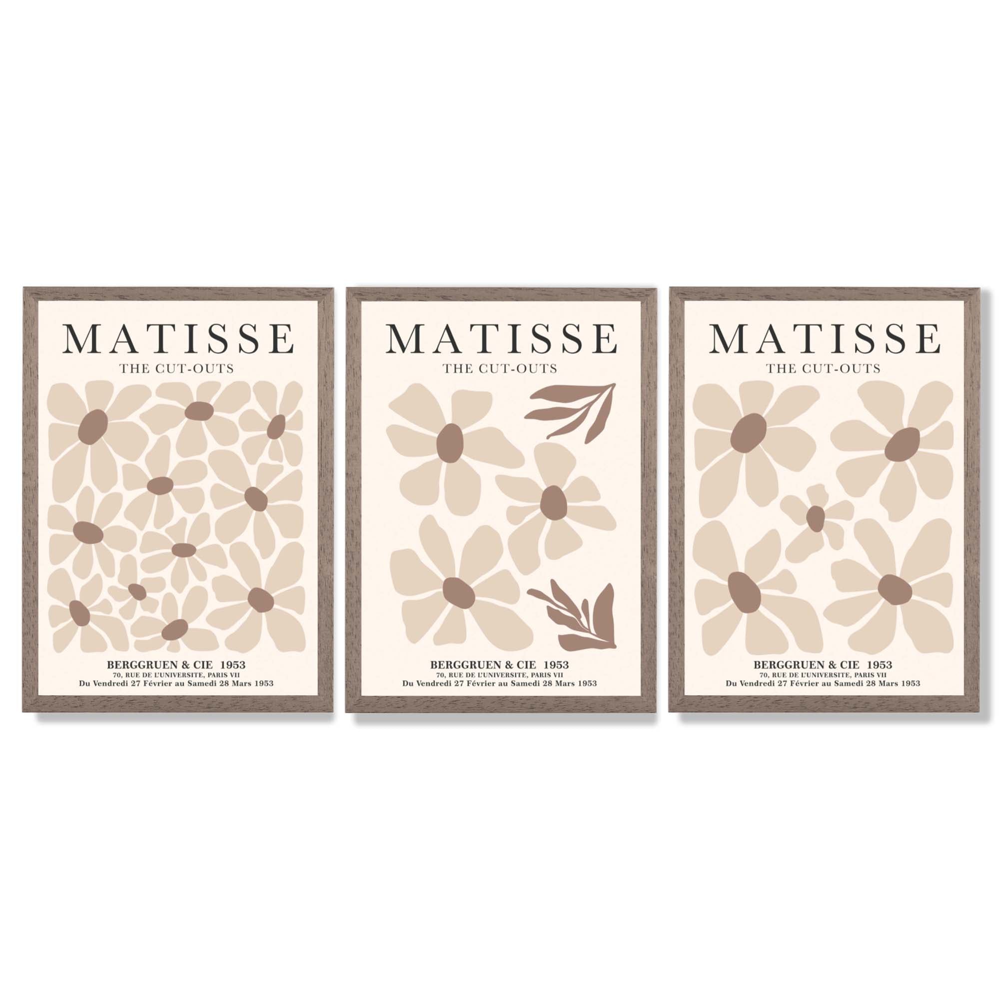 Set of 3 Floral Warm Minimalist Framed Wall Art with Light Walnut Frames