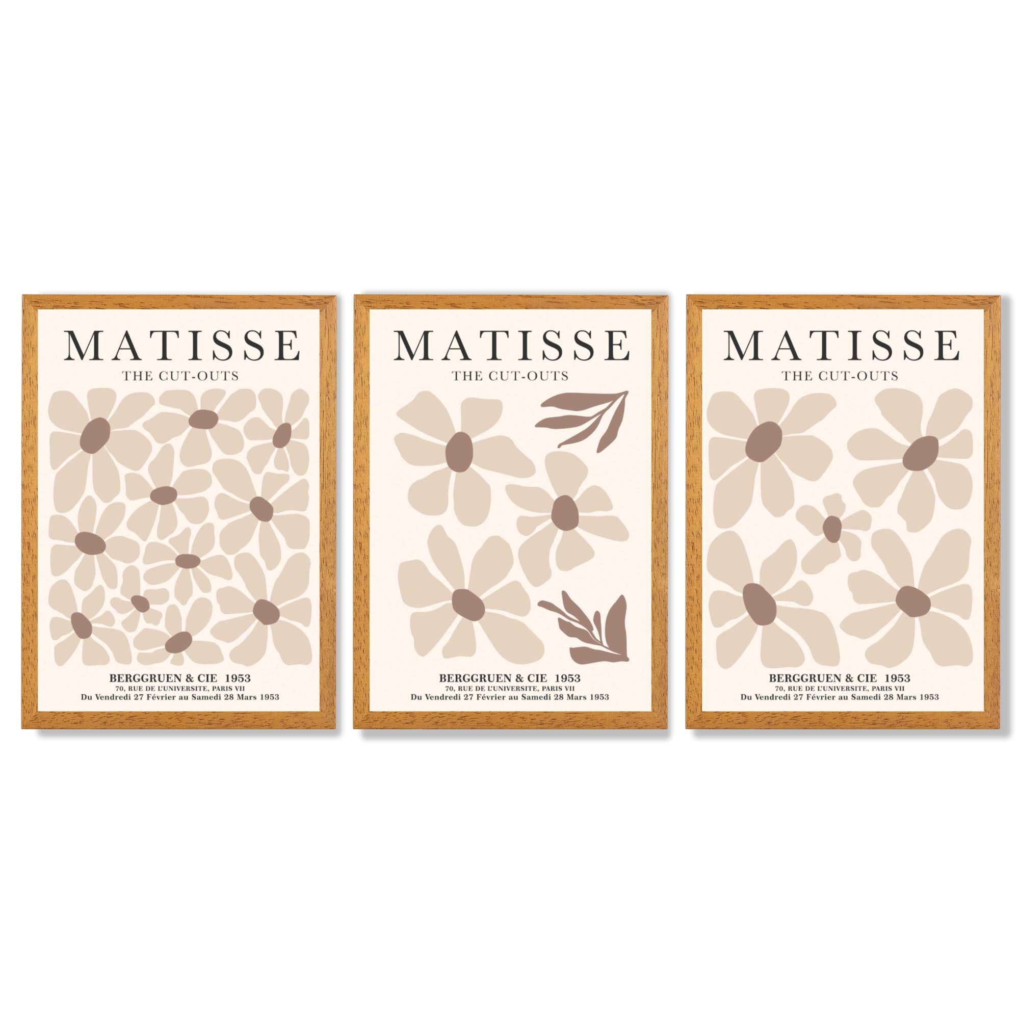 Set of 3 Floral Warm Minimalist Framed Wall Art with Oak Wooden Frames