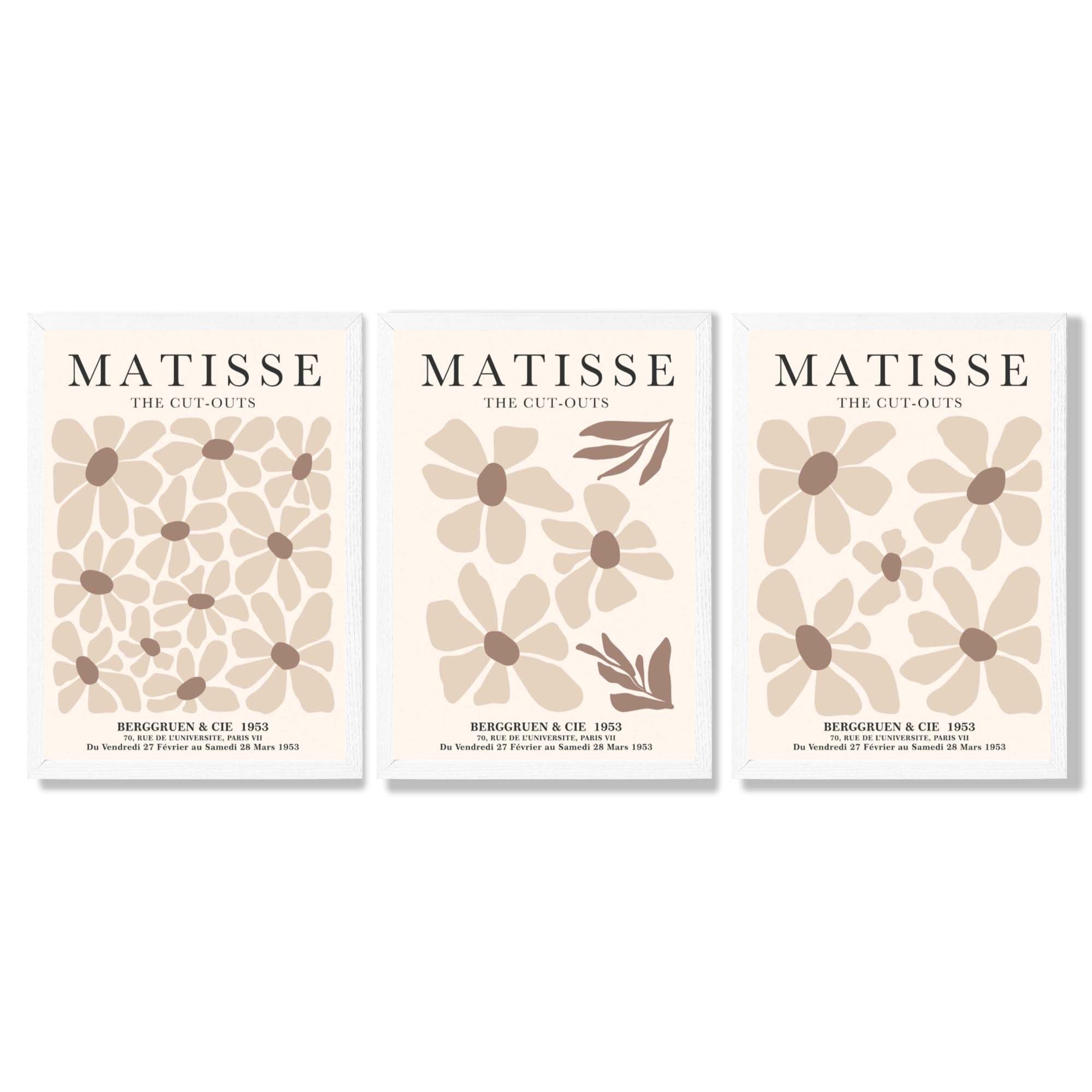 Set of 3 Floral Warm Minimalist Framed Wall Art with White Wooden Frames