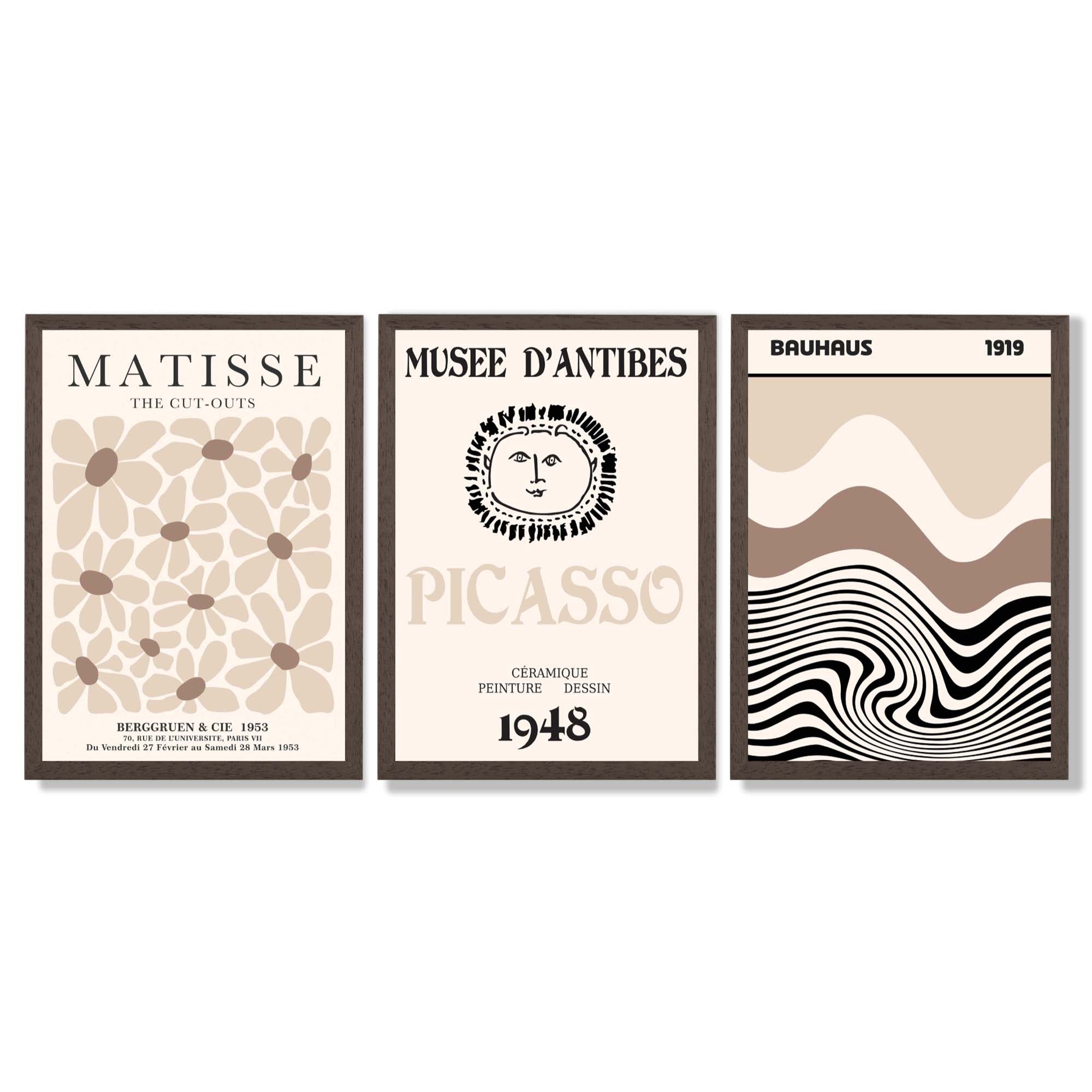 Set of 3 Picasso Matisse Bauhaus Modern Beige Framed Wall Art with Dark Wood Frames