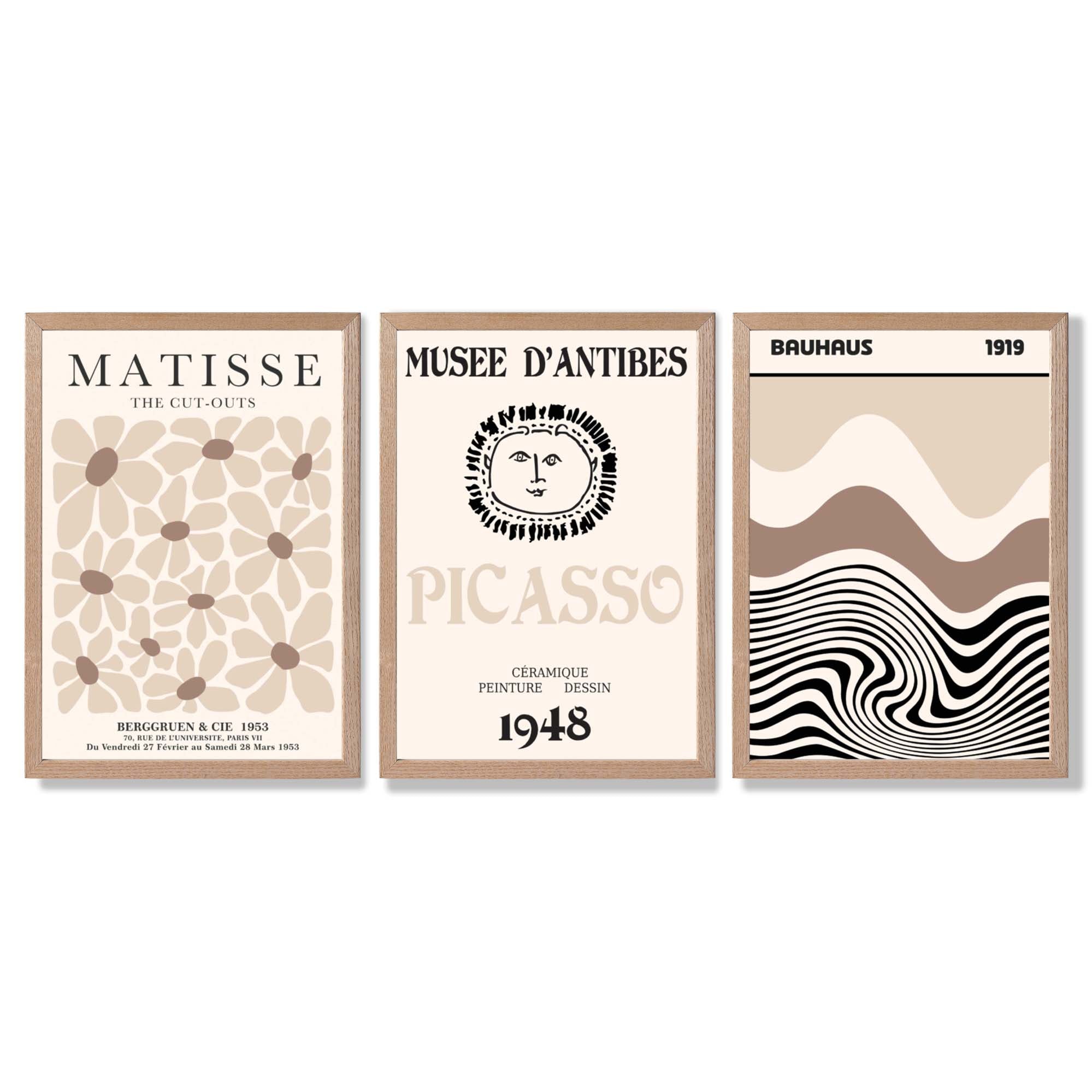 Set of 3 Picasso Matisse Bauhaus Modern Beige Framed Wall Art with Light Oak Frames
