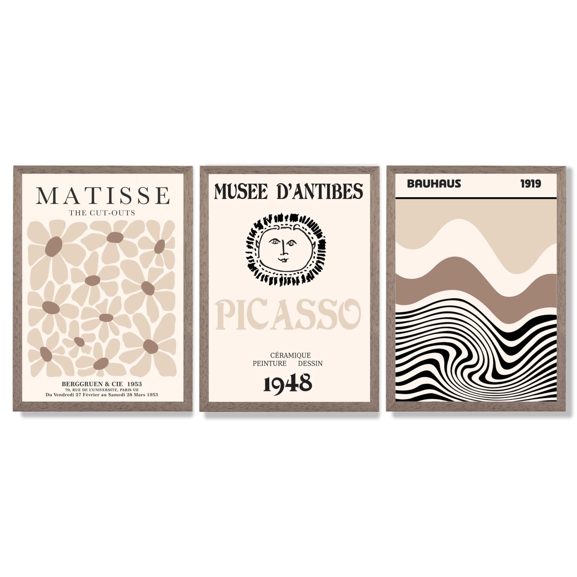 Set of 3 Picasso Matisse Bauhaus Modern Beige Framed Wall Art with Light Walnut Frames