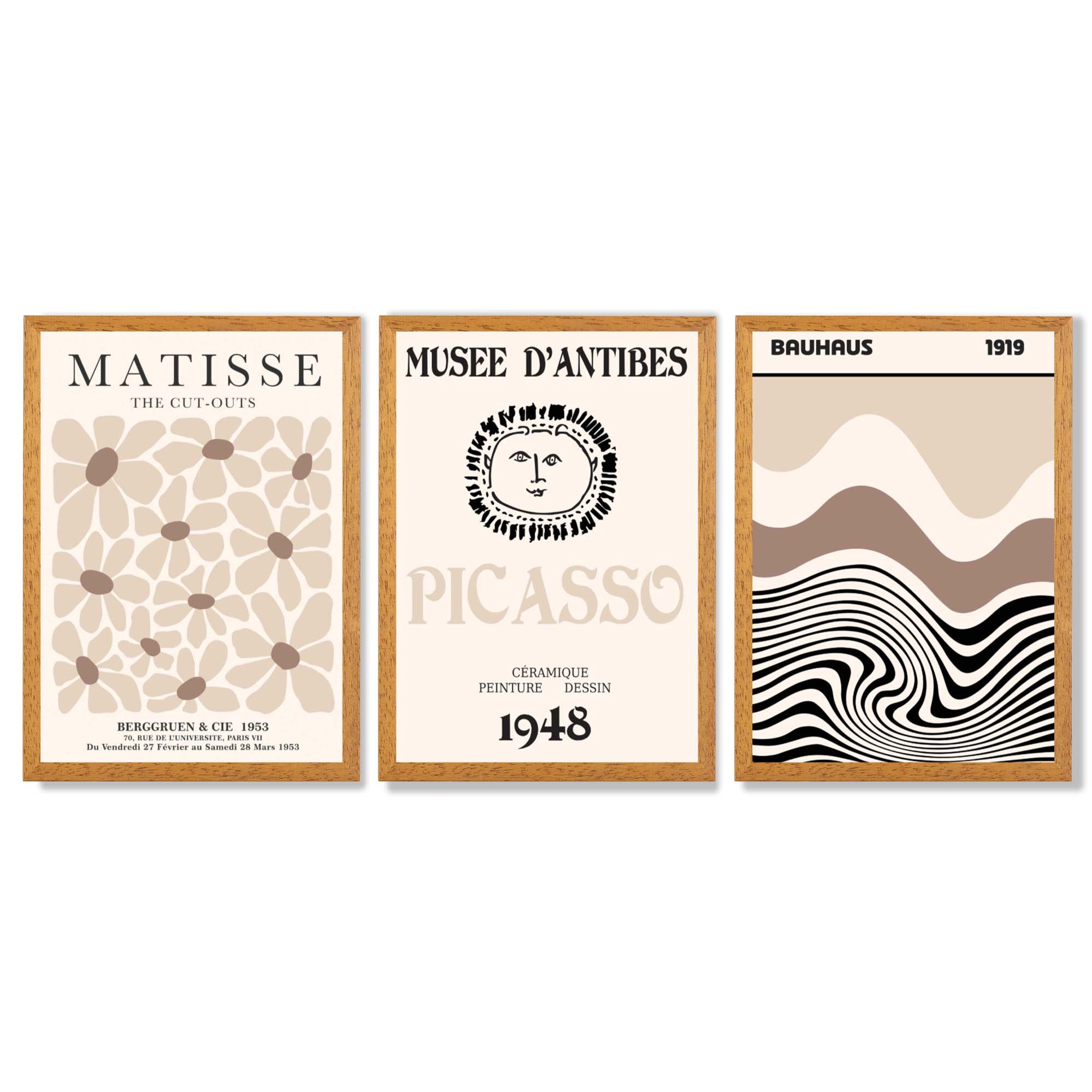 Set of 3 Picasso Matisse Bauhaus Modern Beige Framed Wall Art with Oak Wooden Frames