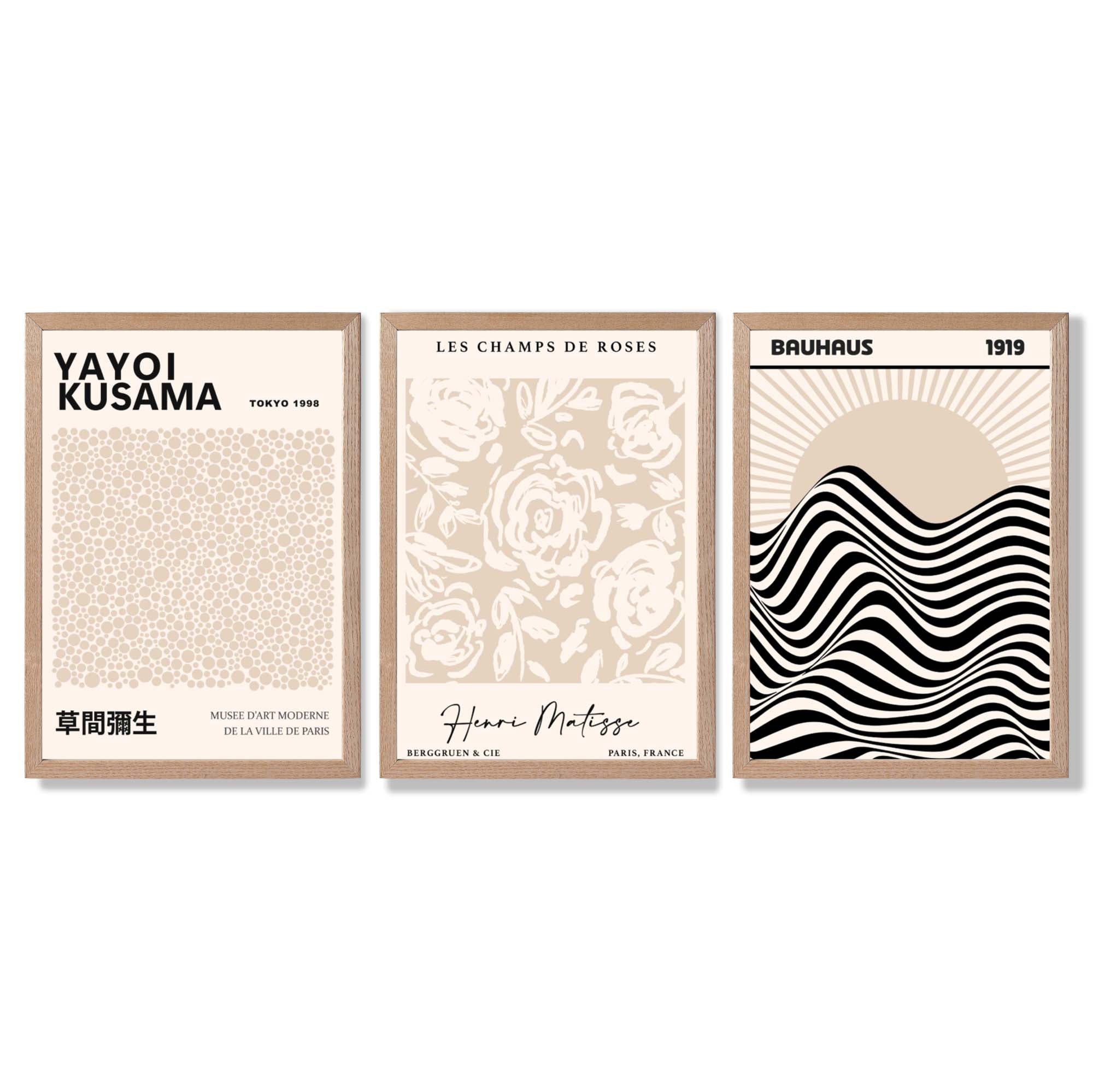 Set of 3 Kusama Japandi Modern Beige Framed Wall Art with Light Oak Frames