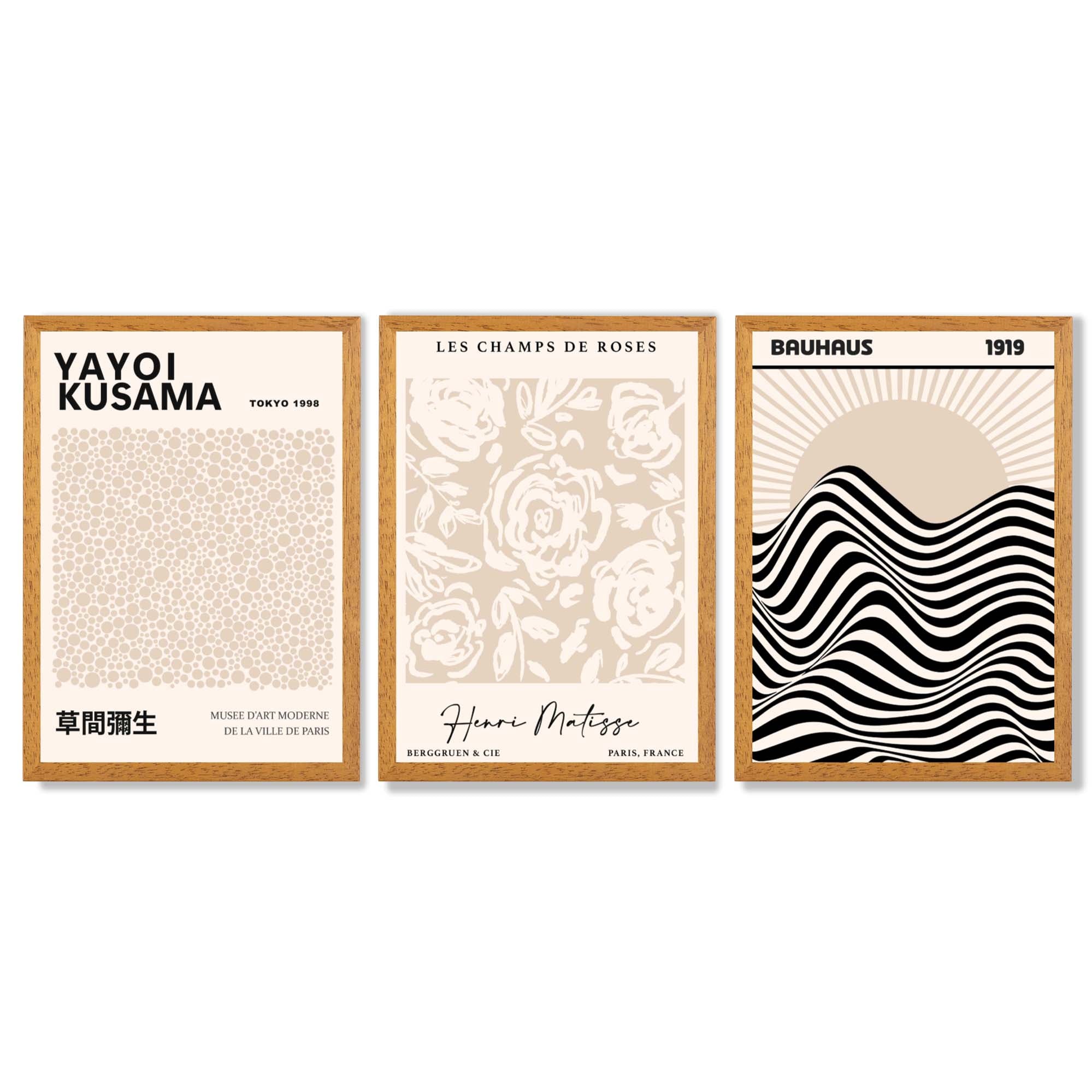Set of 3 Kusama Japandi Modern Beige Framed Wall Art with Oak Wooden Frames