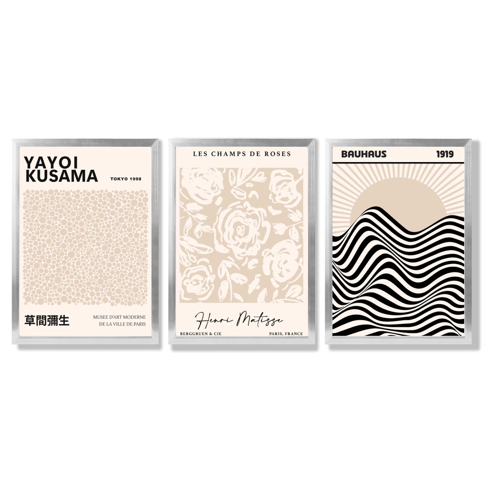 Set of 3 Kusama Japandi Modern Beige Framed Wall Art with Silver Wood Frames