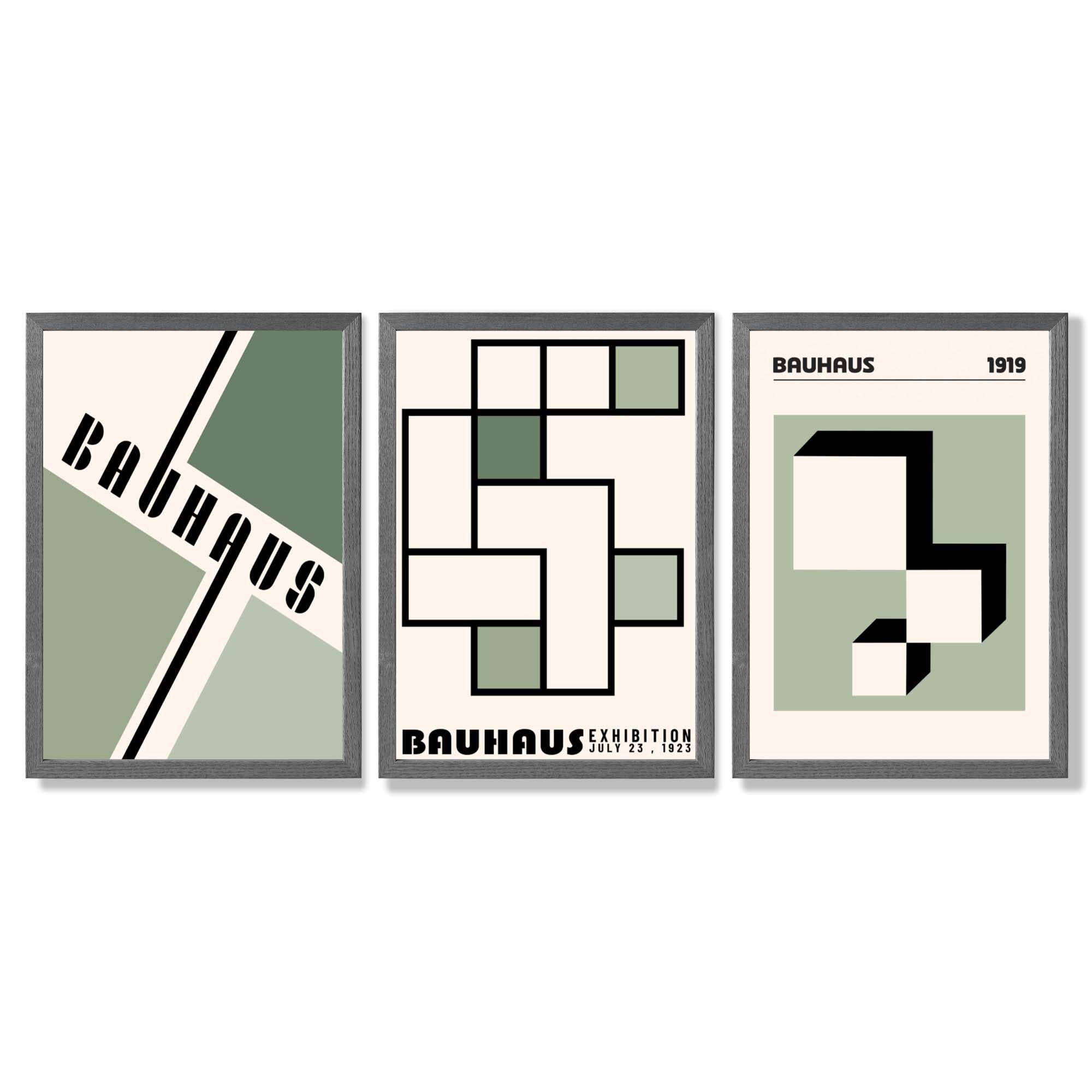 Set of 3 Bauhaus Mid Century Modern Green and Beige Framed Wall Art with Dark Grey Wooden Frames
