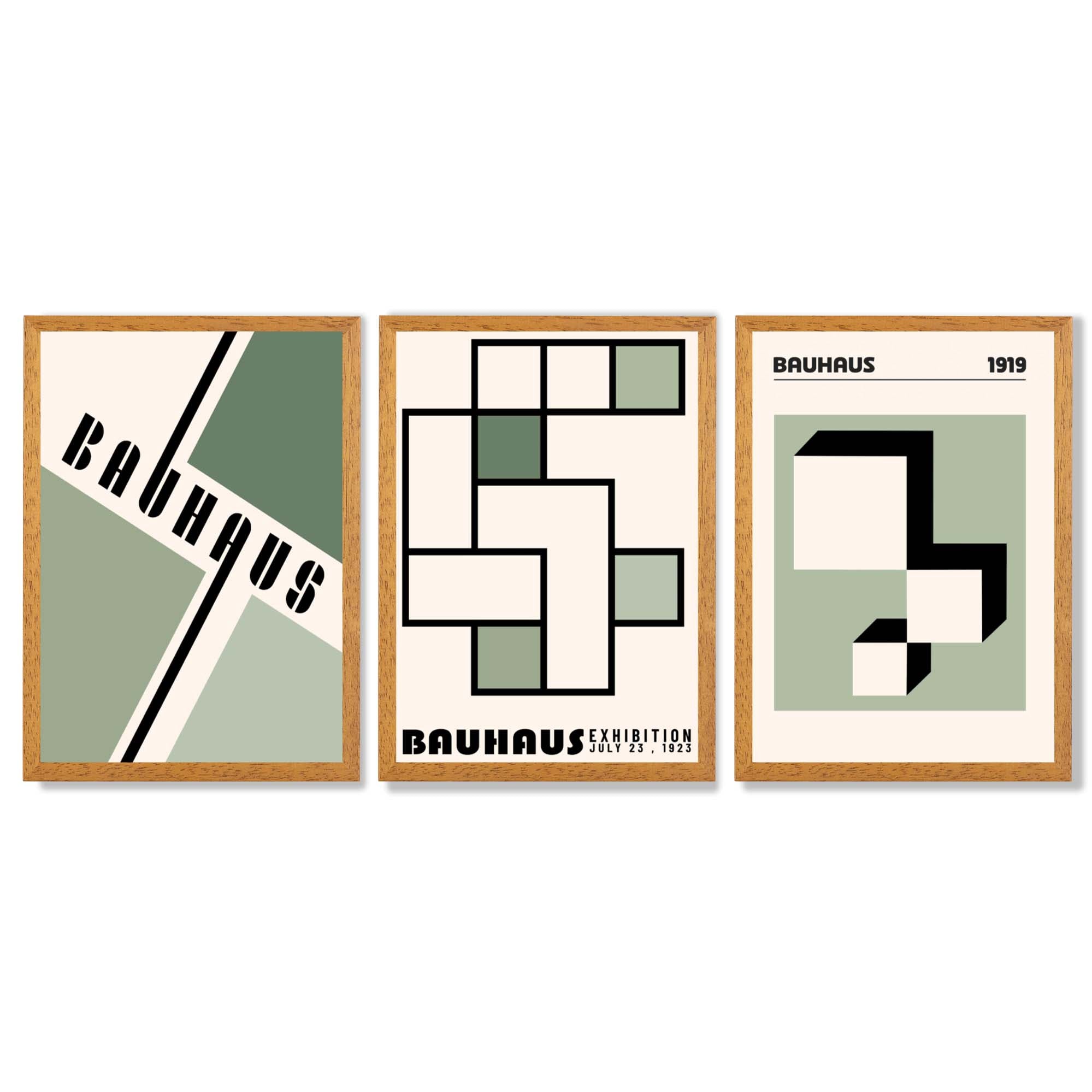 Set of 3 Bauhaus Mid Century Modern Green and Beige Framed Wall Art with Oak Wooden Frames