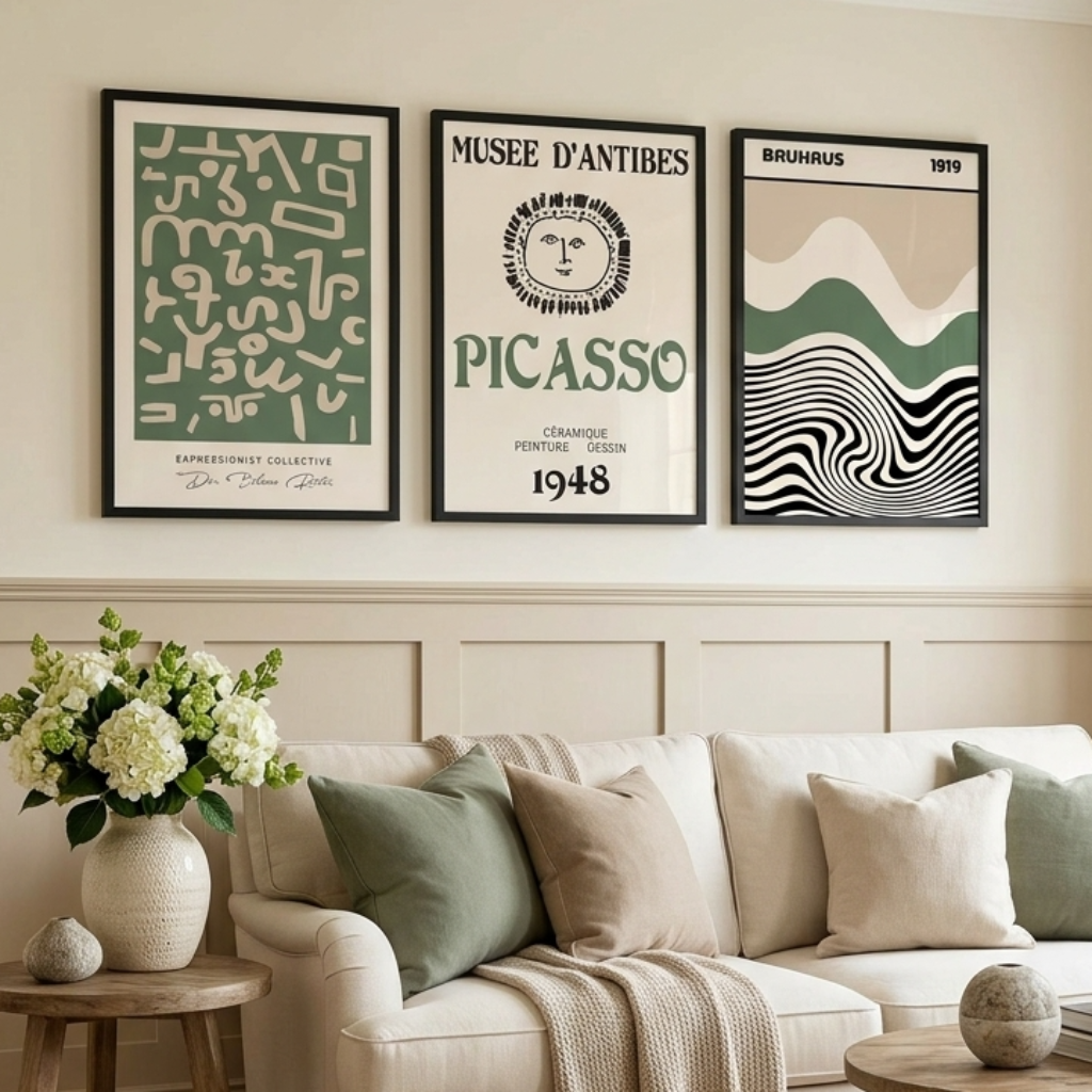 Three framed Picasso-themed wall art prints hang above a cream sofa in a styled living room. The prints feature abstract green, black, and cream designs, with the center print reading 'MUSEE D'ANTIBES PICASSO 1948'.