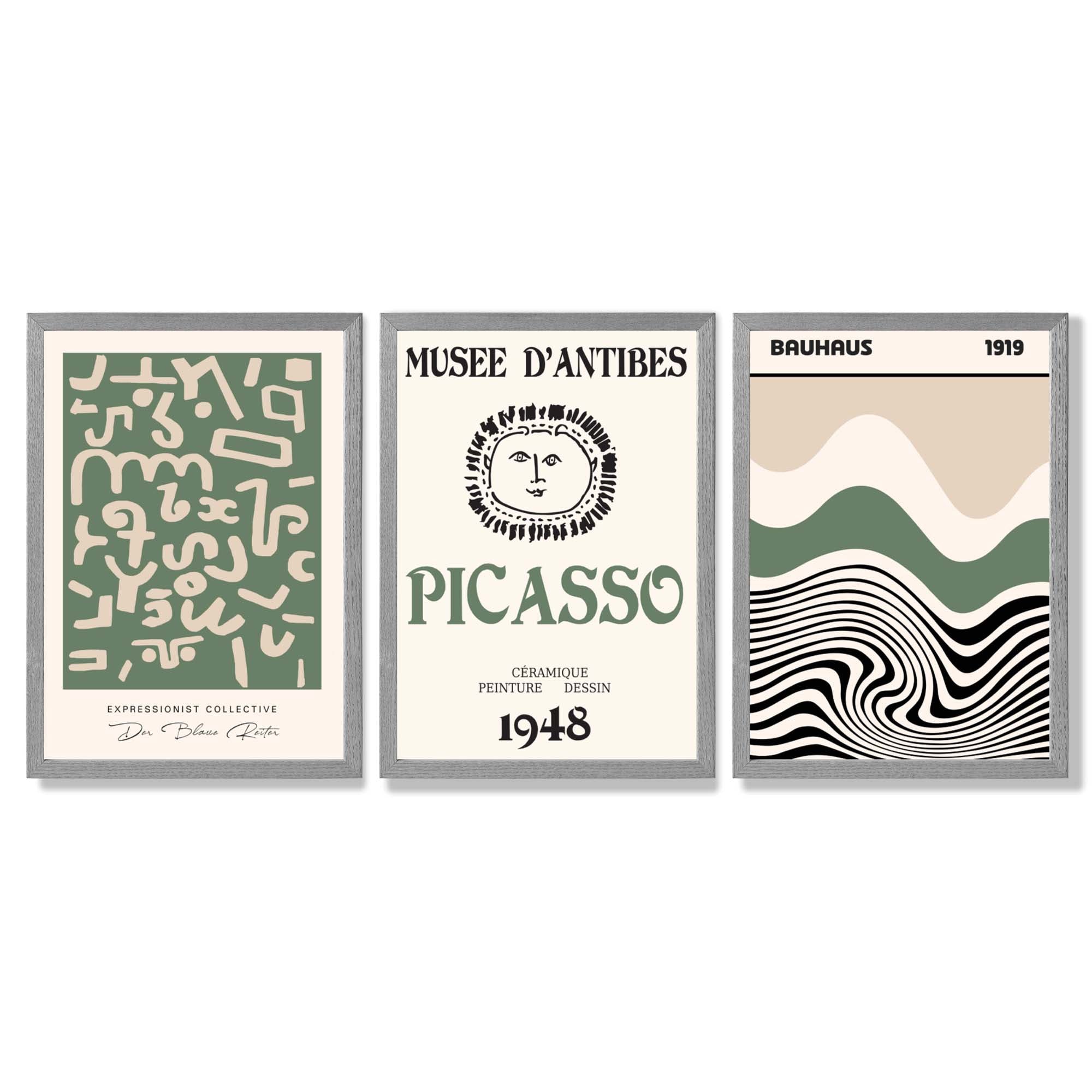 Set of 3 Picasso Abstract Modern Green and Beige Framed Wall Art with Light Grey Wooden Frames
