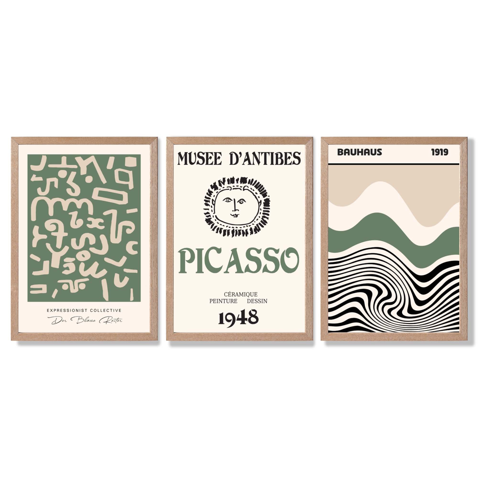 Set of 3 Picasso Abstract Modern Green and Beige Framed Wall Art with Light Oak Frames