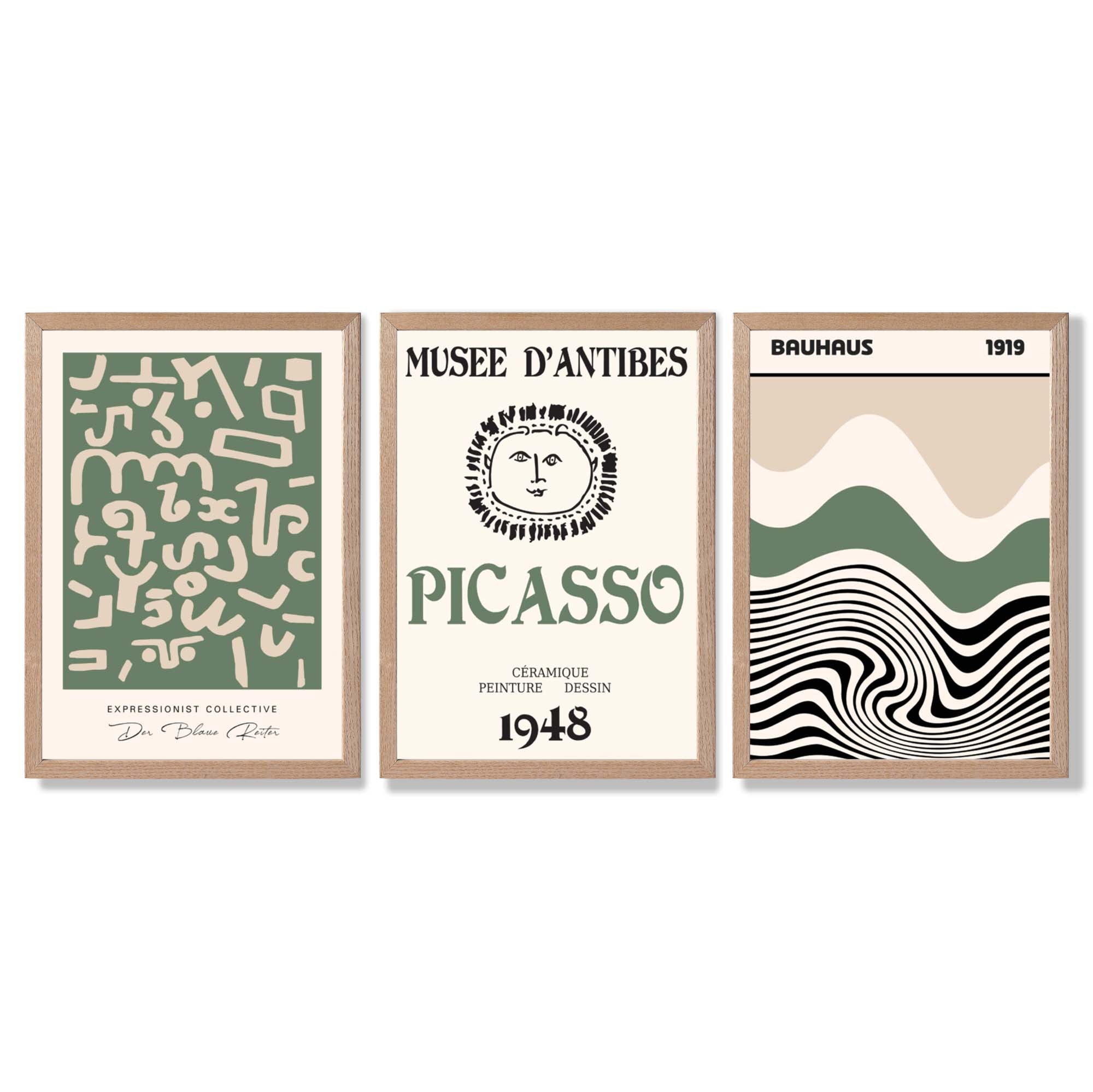 Set of 3 Picasso Abstract Modern Green and Beige Framed Wall Art with Light Oak Frames