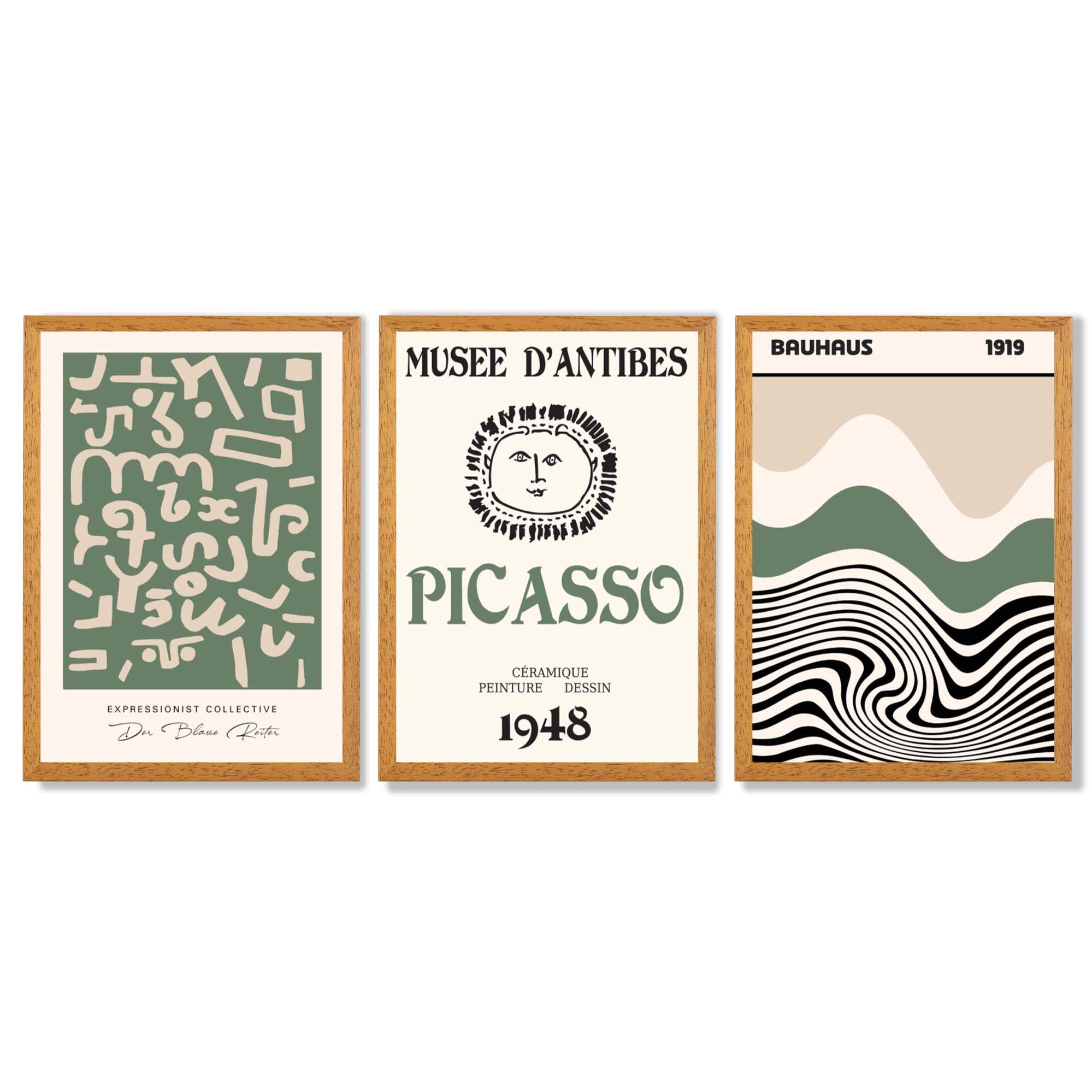 Set of 3 Picasso Abstract Modern Green and Beige Framed Wall Art with Oak Wooden Frames