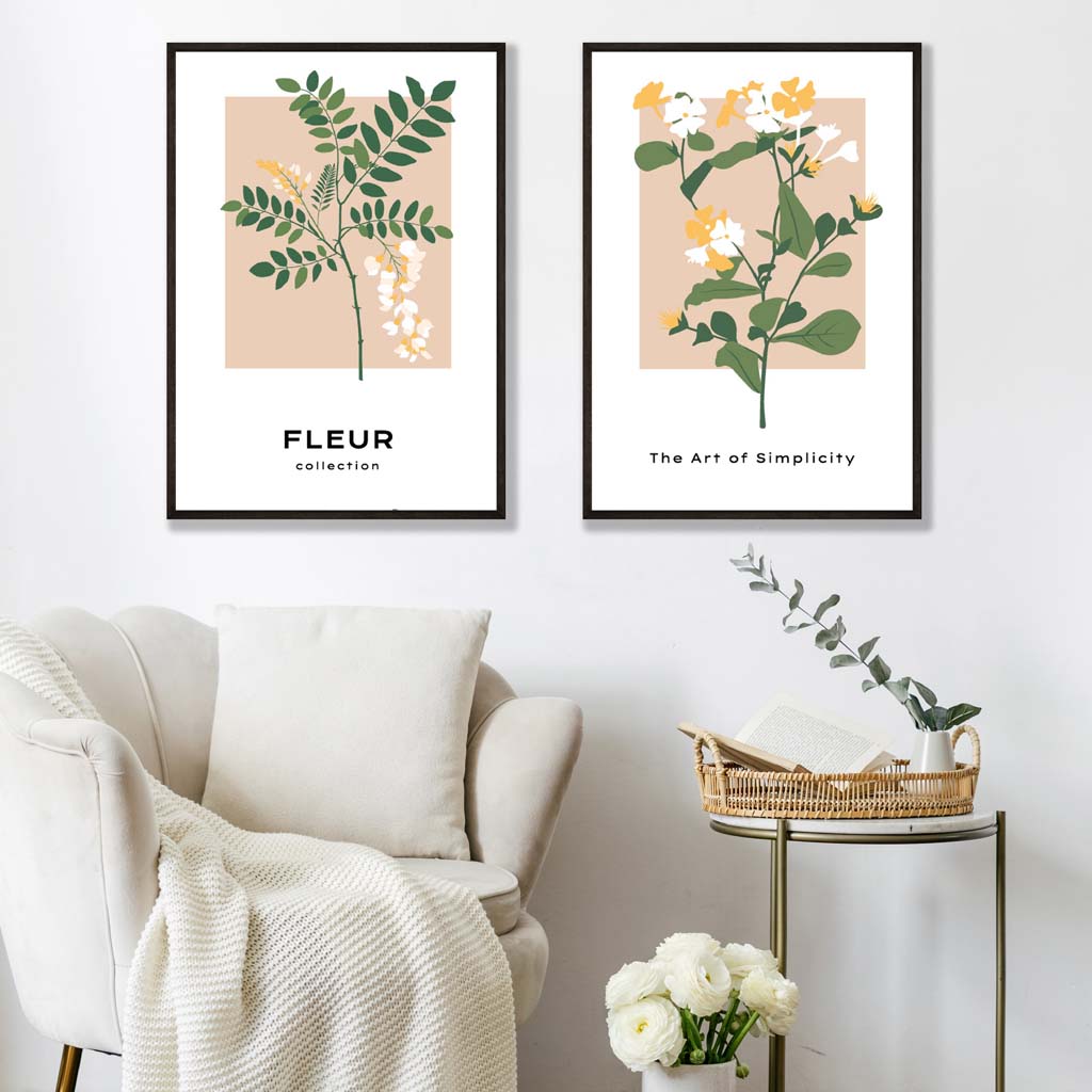 Set of 2 Beige and Green Wild Flowers Wall Art Prints | Artze Wall Art UK