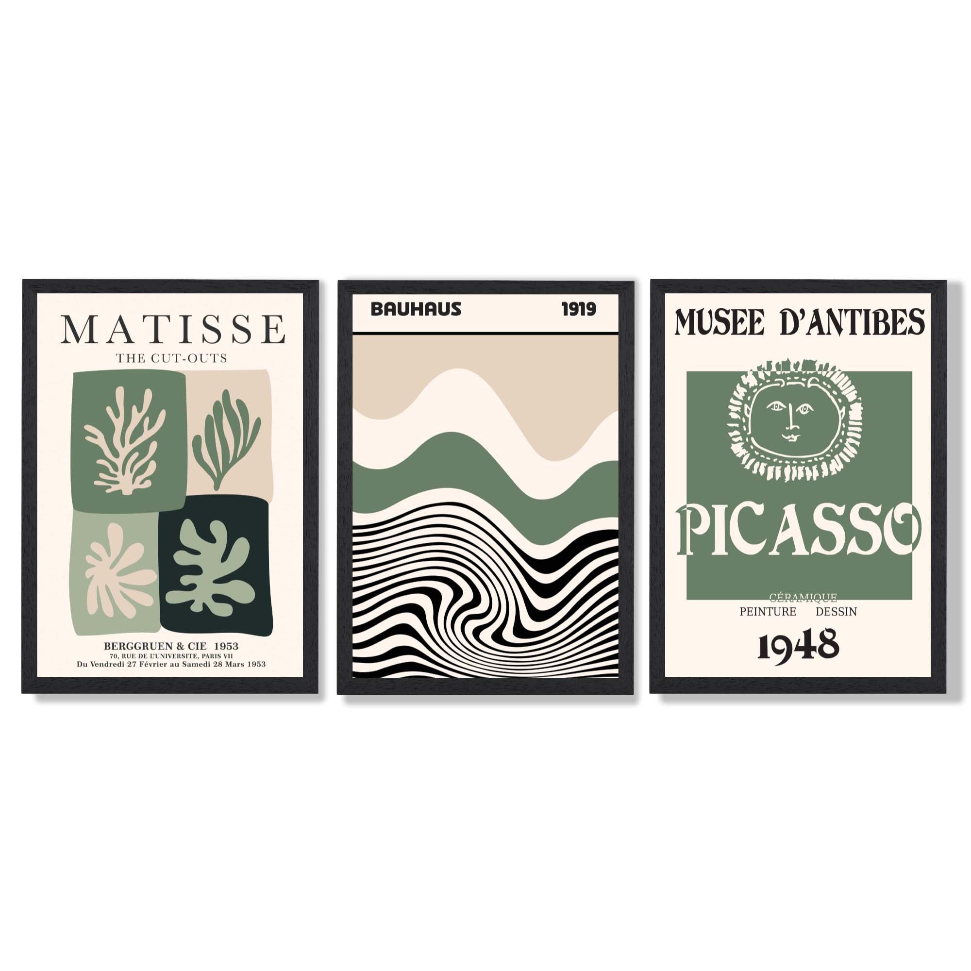 Sage Green and Beige Set of 3 Modern Framed Wall Art with Black Wooden Frames