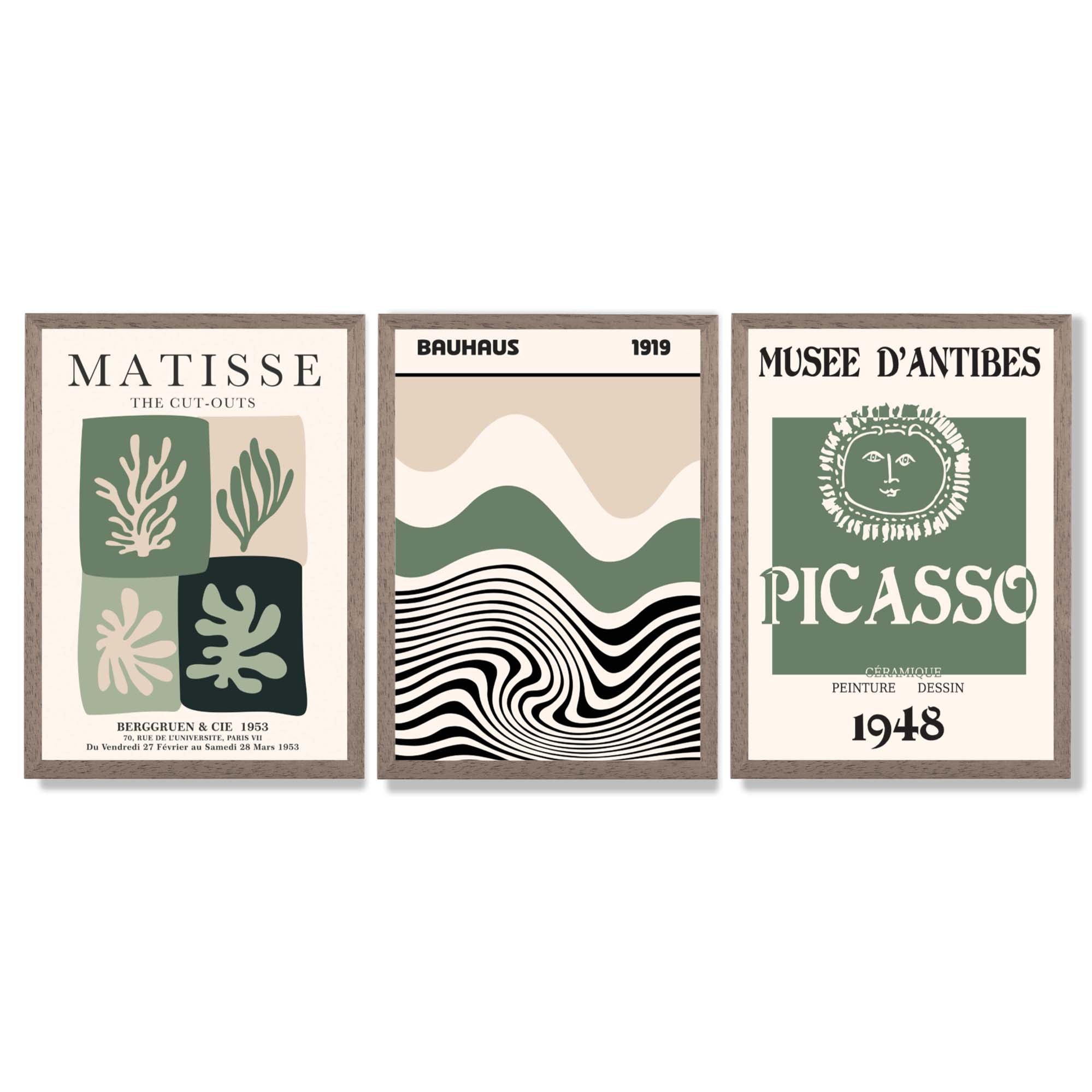 Sage Green and Beige Set of 3 Modern Framed Wall Art with Light Walnut Frames
