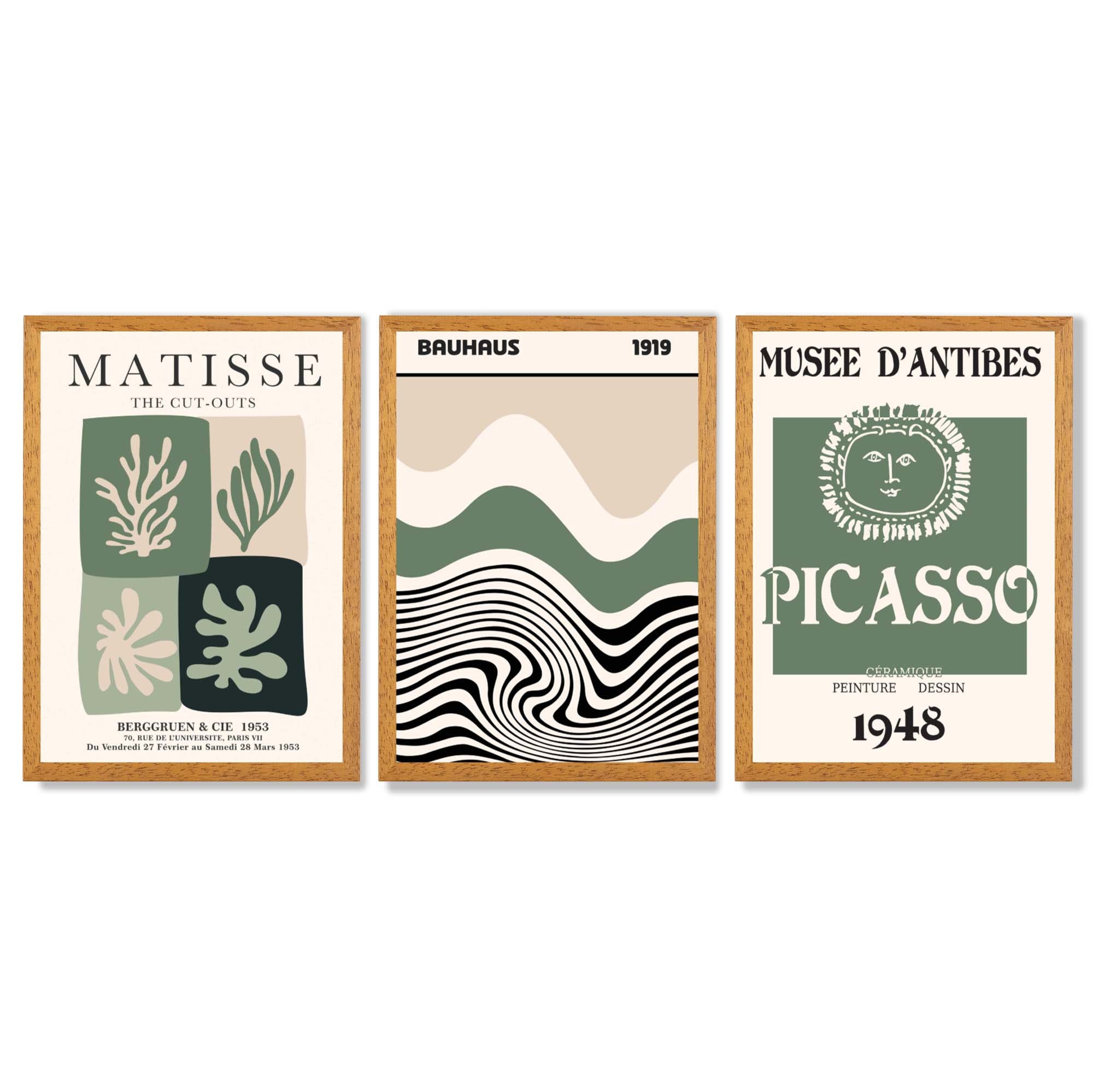 Sage Green and Beige Set of 3 Modern Framed Wall Art with Oak Wooden Frames