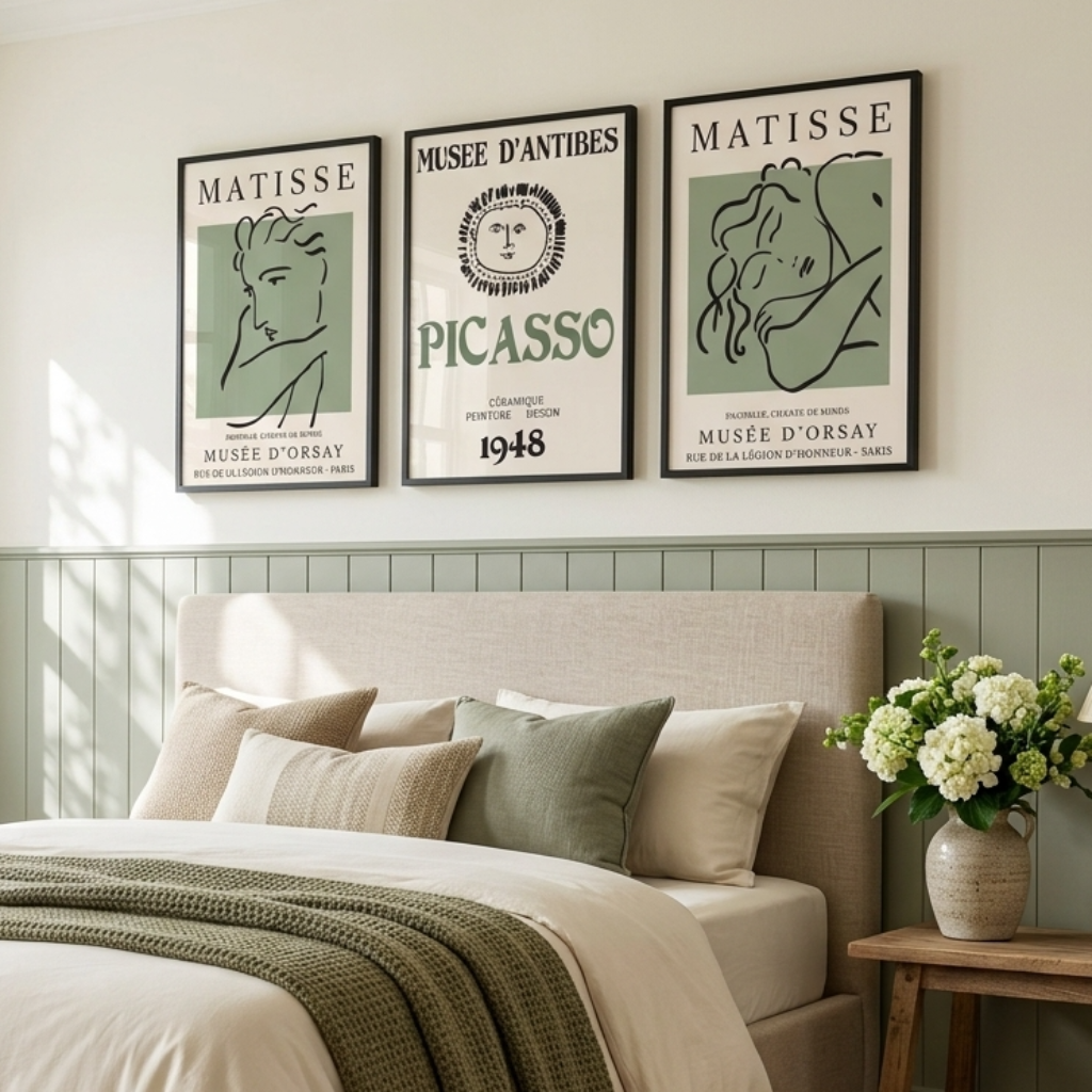 A styled bedroom scene with a bed dressed in cream bedding and a textured olive green throw blanket, set against a light green paneled wall. Above the bed are three framed posters featuring Matisse and Picasso.