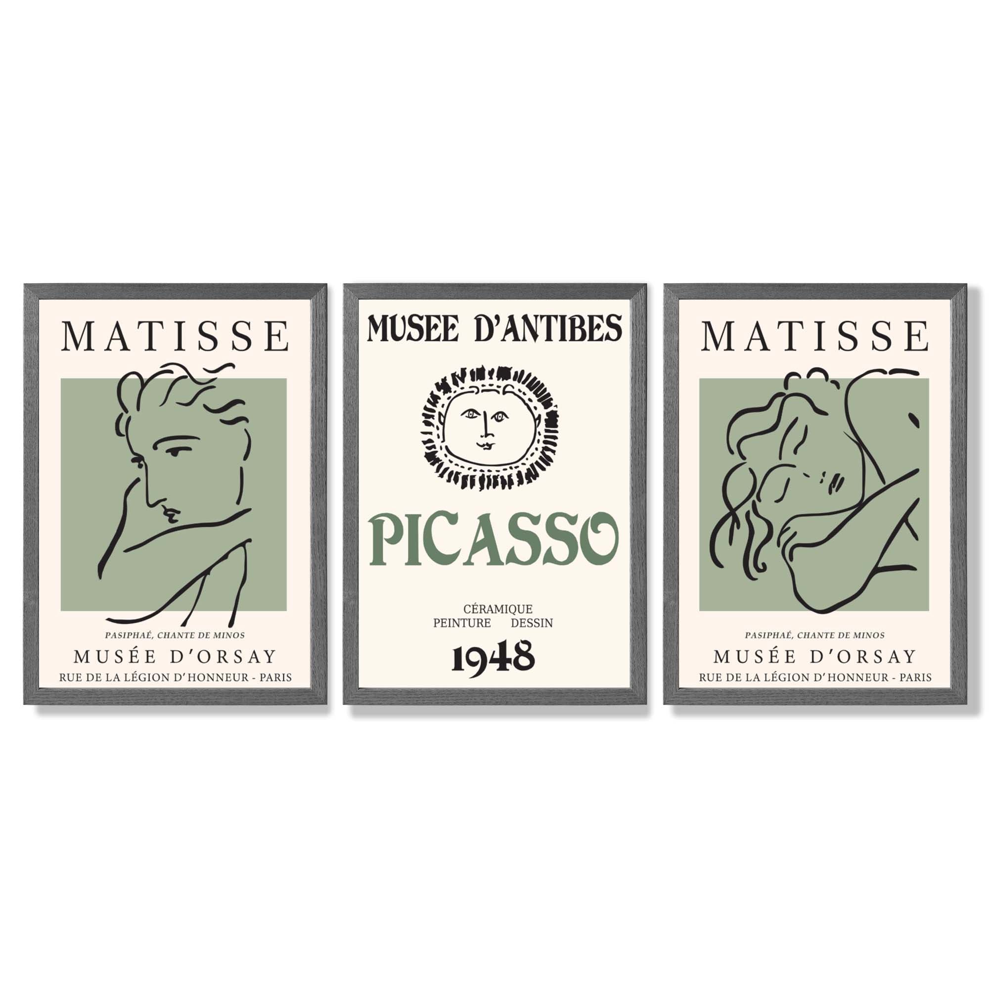 Modern Minimalist Fashion Set of 3 Green Framed Wall Art with Dark Grey Wooden Frames