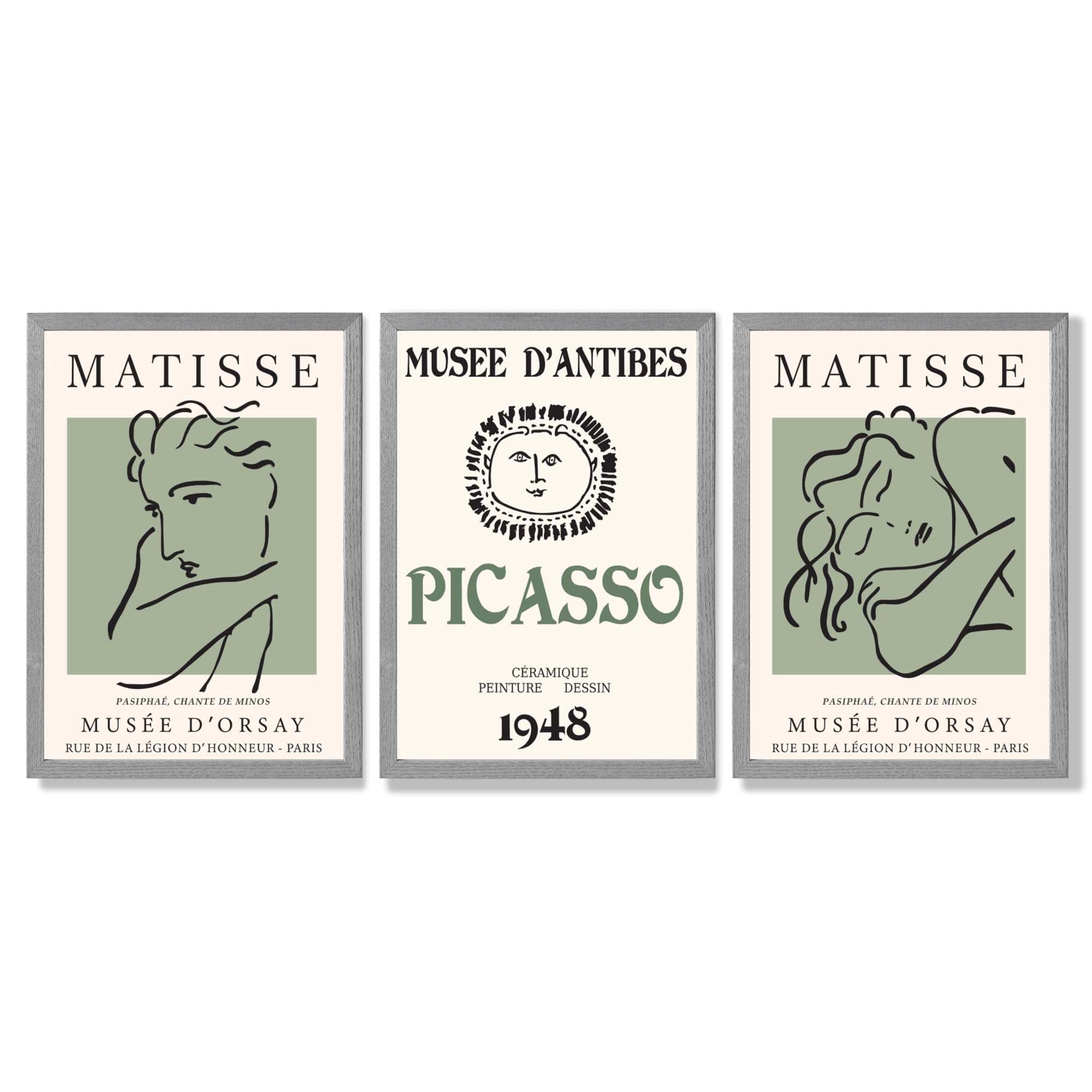 Modern Minimalist Fashion Set of 3 Green Framed Wall Art with Light Grey Wooden Frames