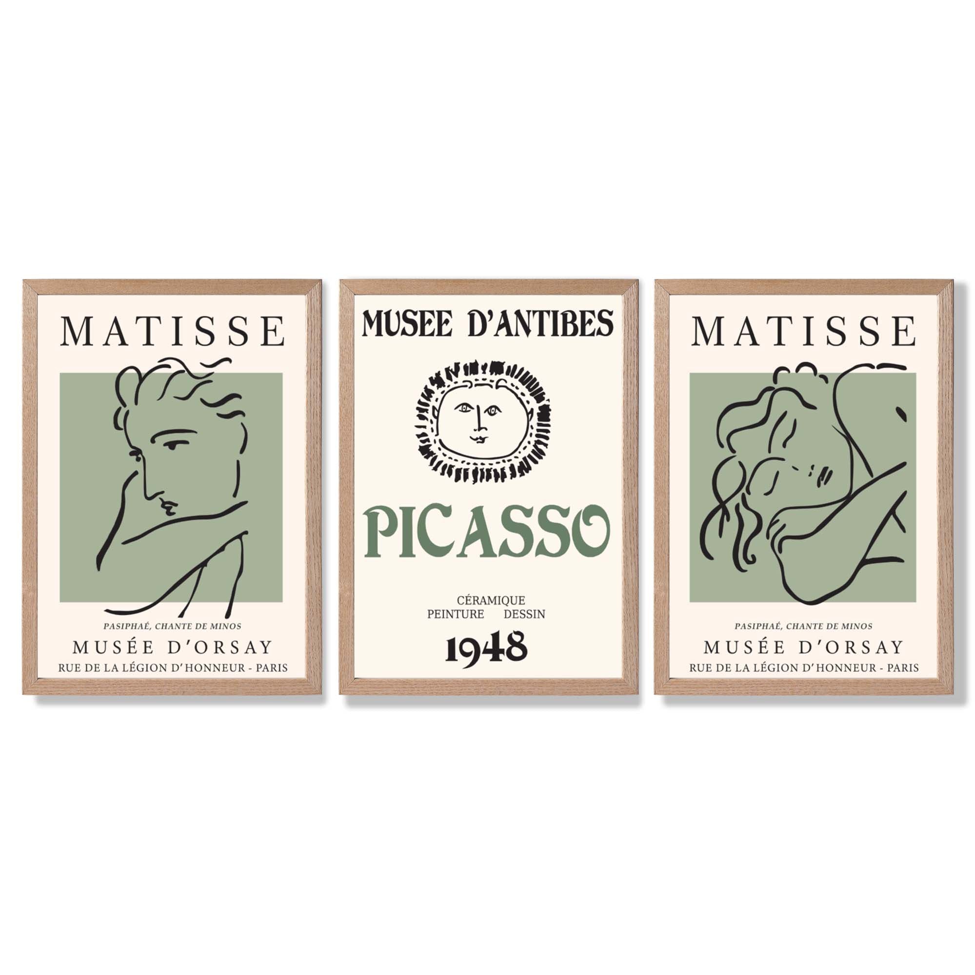 Modern Minimalist Fashion Set of 3 Green Framed Wall Art with Light Oak Frames
